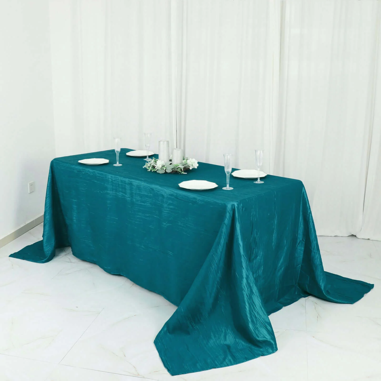 Taffeta Rectangle Tablecloth 90"x132" Teal with Accordion Crinkle Design - Seamless Finish - Image 7