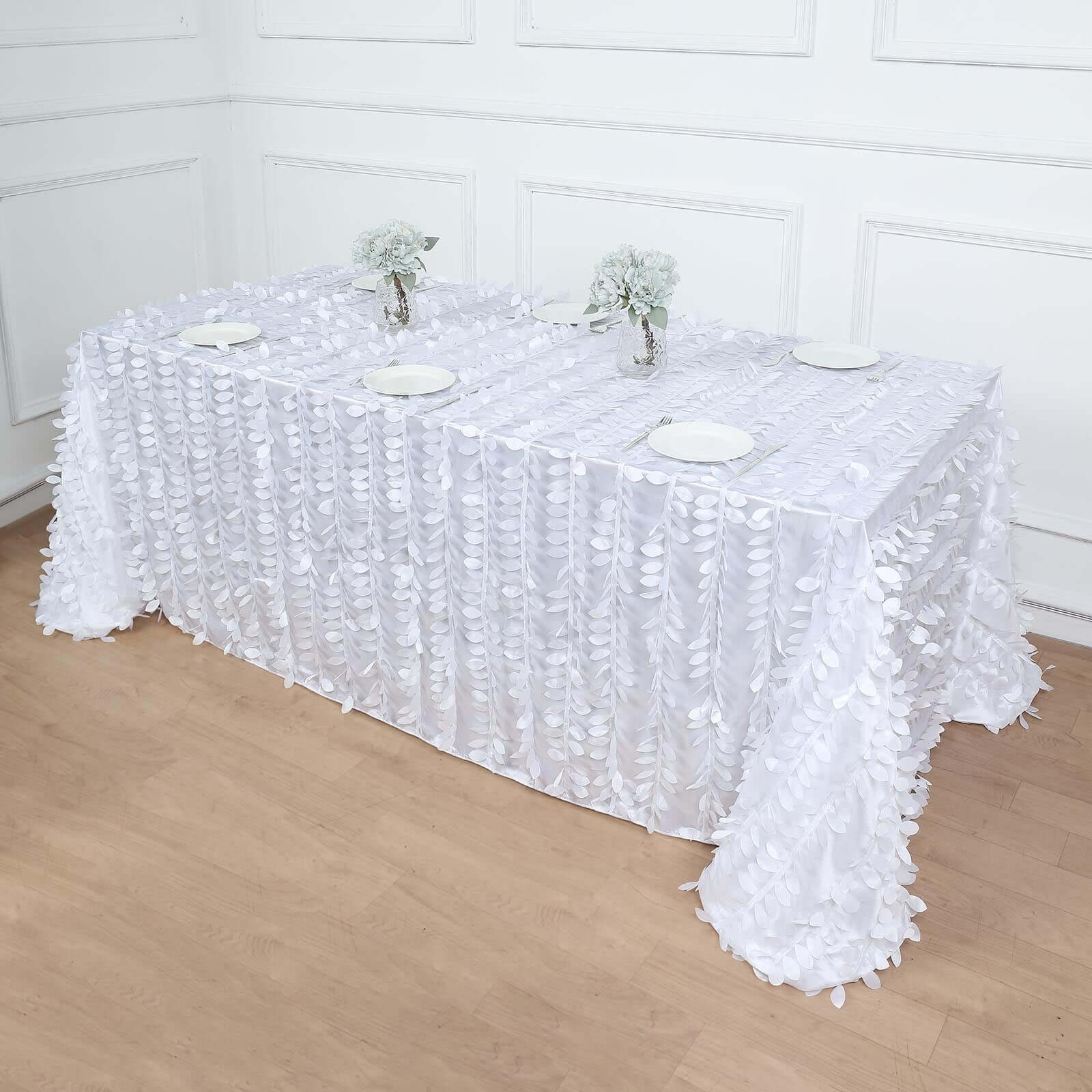 Taffeta Rectangle Tablecloth 90"x132" White - 3D Leaf Petal Seamless Table Cover for Upscale Table Settings - Image 3