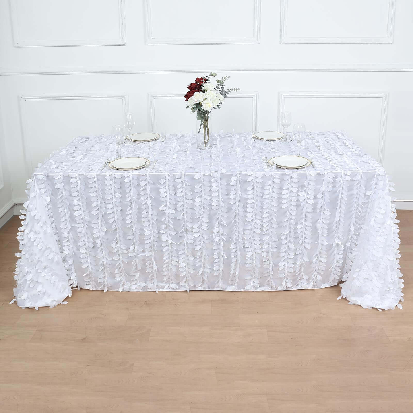Taffeta Rectangle Tablecloth 90"x132" White - 3D Leaf Petal Seamless Table Cover for Upscale Table Settings - Image 6