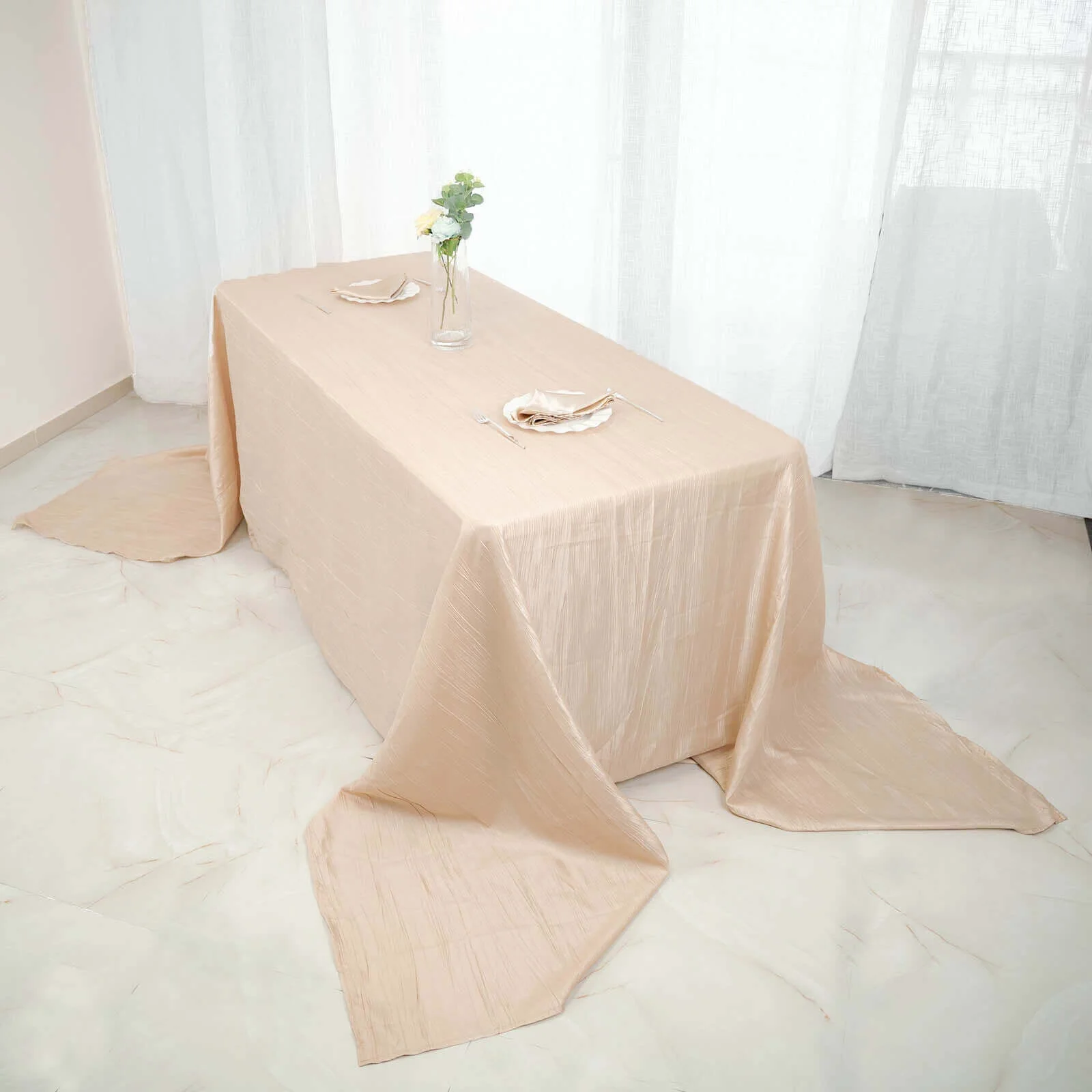 Taffeta Rectangle Tablecloth 90"x156" Beige with Accordion Crinkle Design - Seamless Finish - Image 2