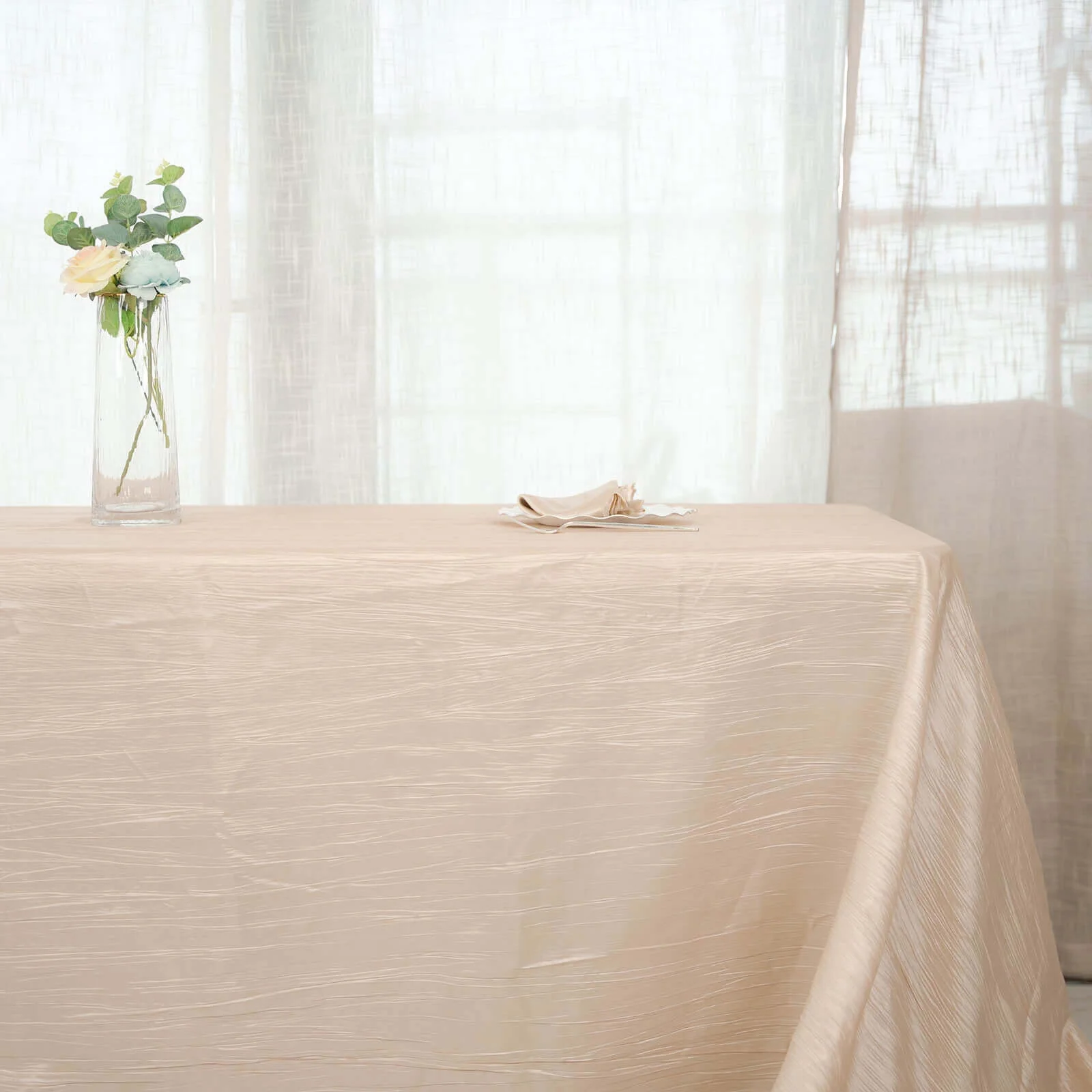 Taffeta Rectangle Tablecloth 90"x156" Beige with Accordion Crinkle Design - Seamless Finish - Image 6