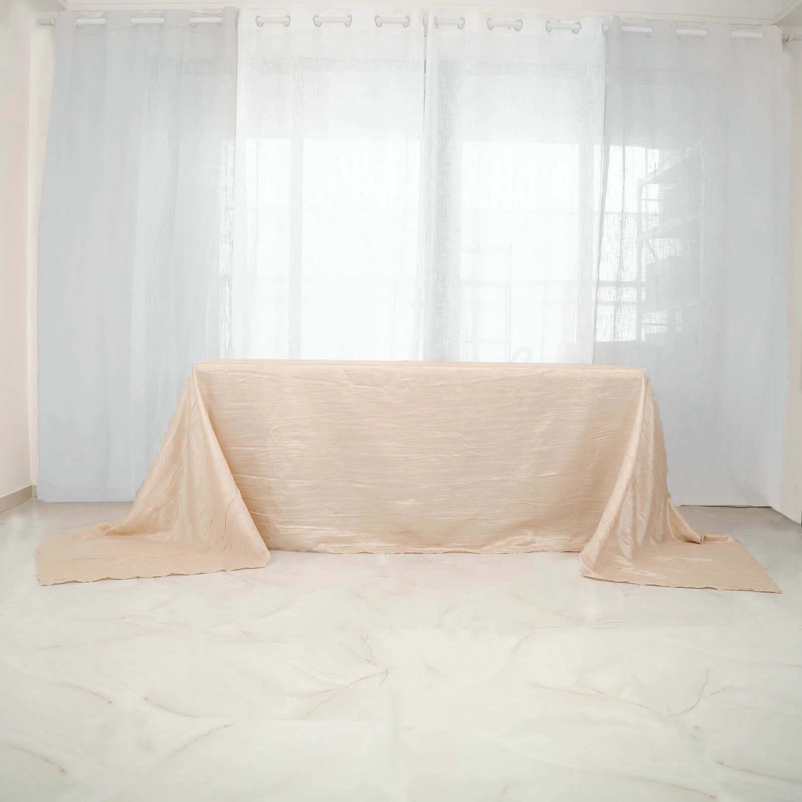 Taffeta Rectangle Tablecloth 90"x156" Beige with Accordion Crinkle Design - Seamless Finish - Image 7
