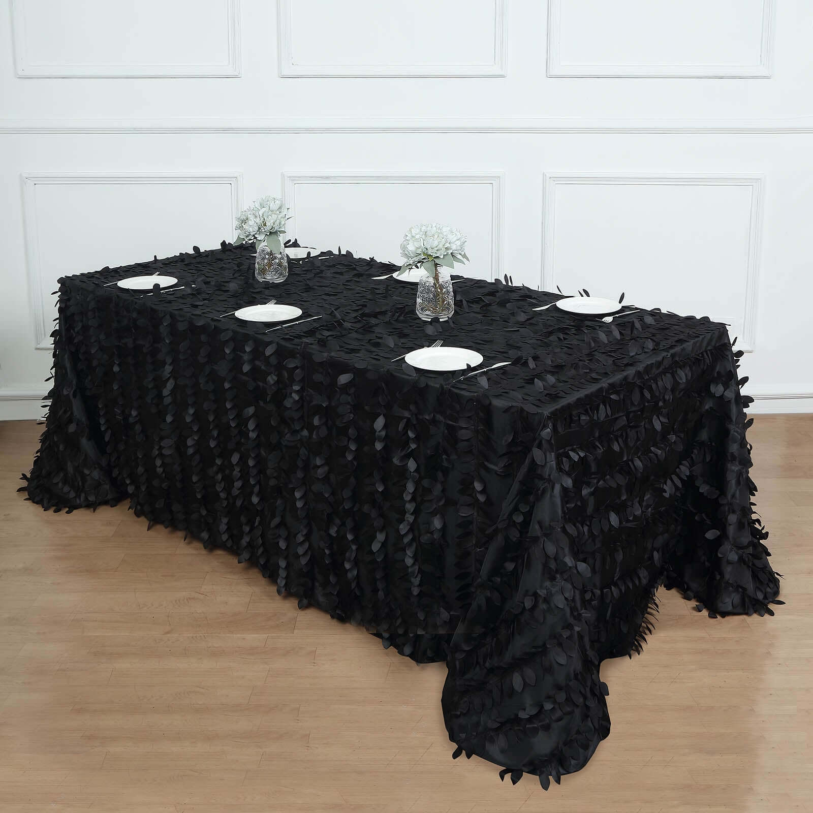 Taffeta Rectangle Tablecloth 90"x156" Black - 3D Leaf Petal Seamless Table Cover for Upscale Table Settings - Image 3