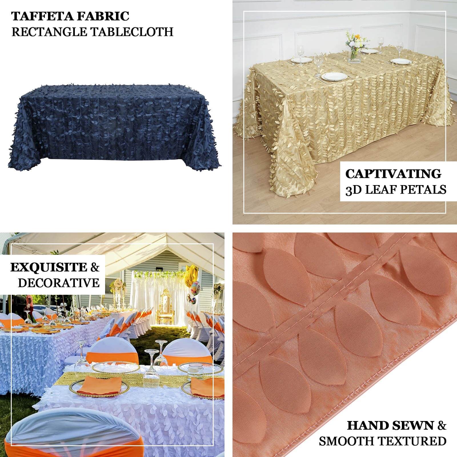 Taffeta Rectangle Tablecloth 90"x156" Black - 3D Leaf Petal Seamless Table Cover for Upscale Table Settings - Image 4