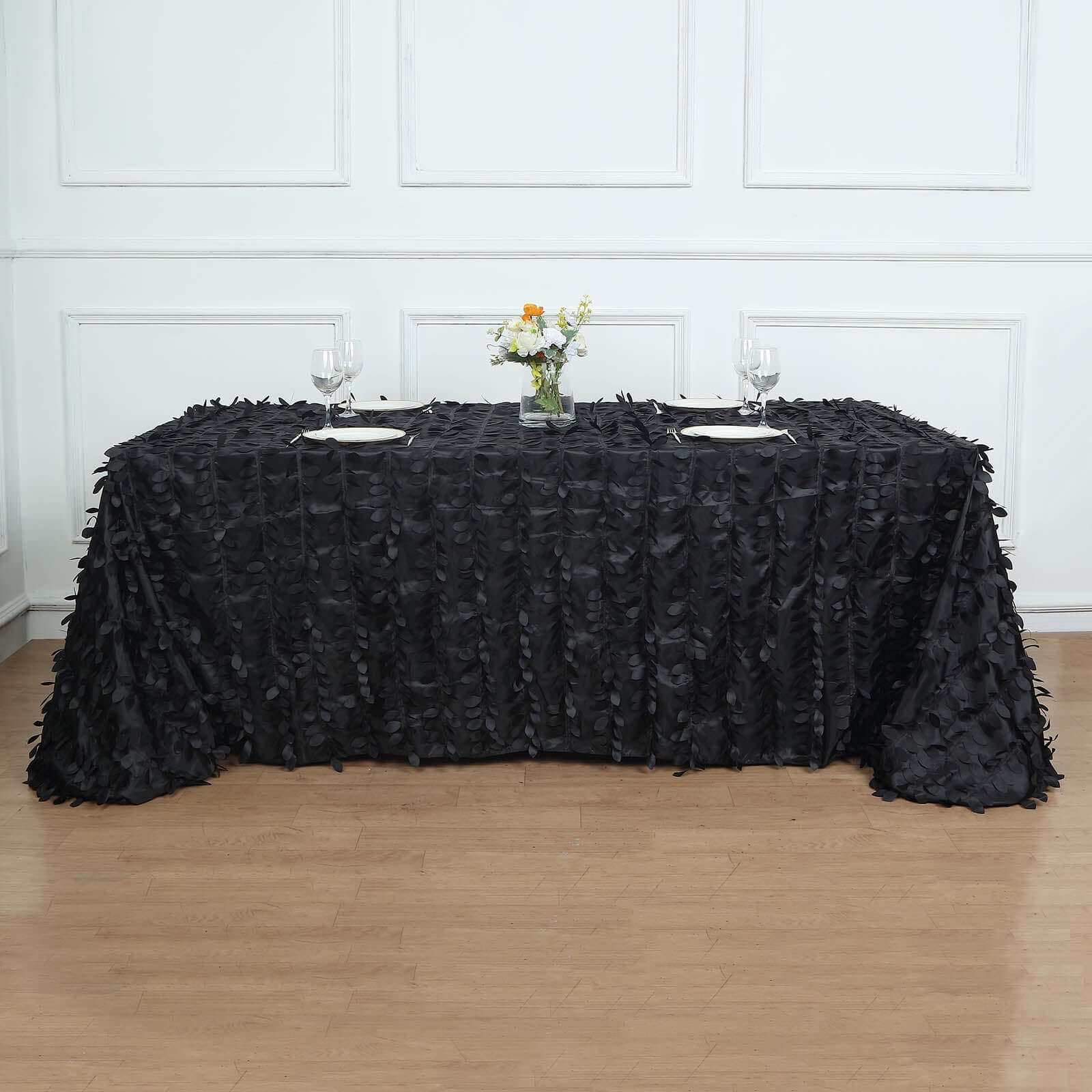 Taffeta Rectangle Tablecloth 90"x156" Black - 3D Leaf Petal Seamless Table Cover for Upscale Table Settings - Image 6