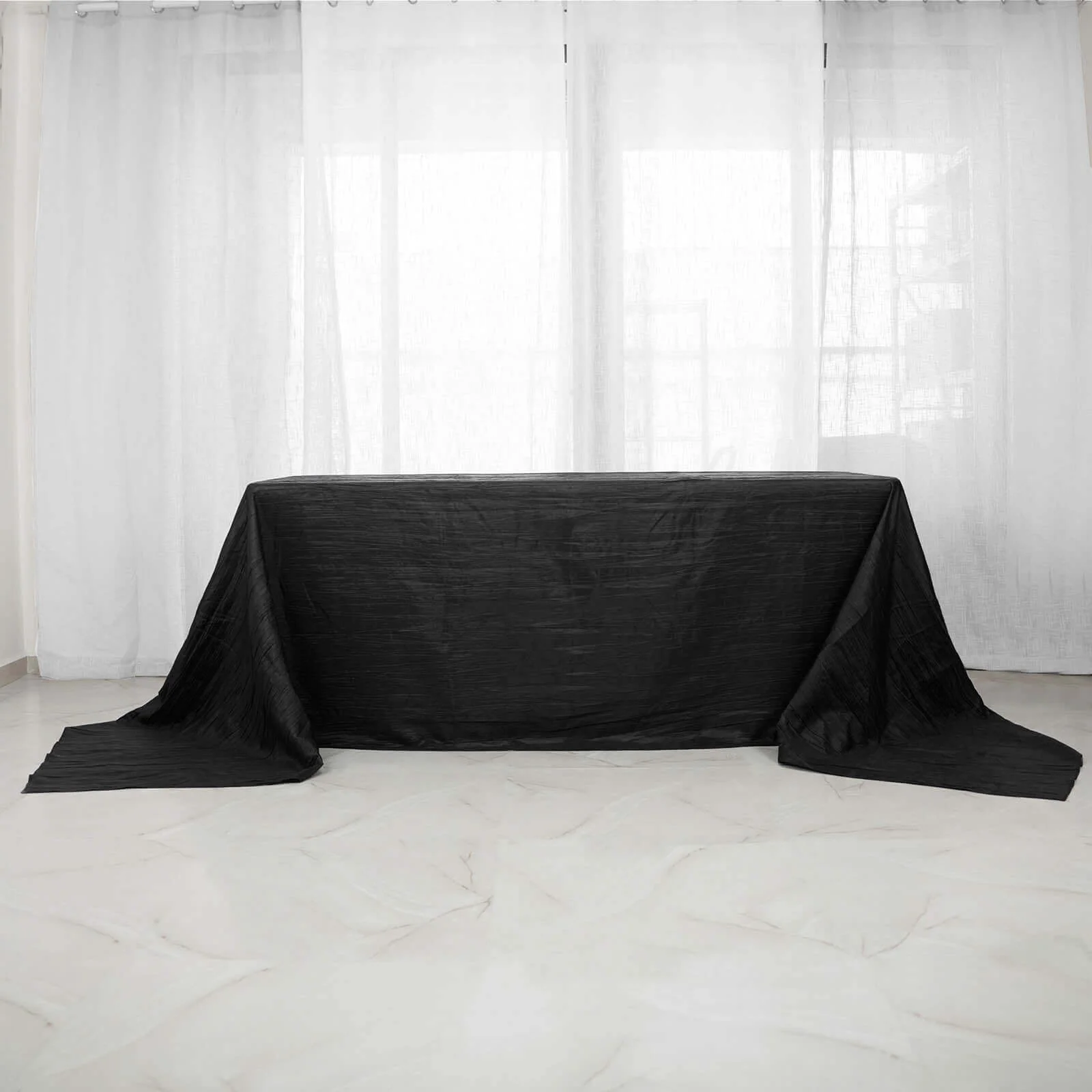Taffeta Rectangle Tablecloth 90"x156" Black with Accordion Crinkle Design - Seamless Finish - Image 5