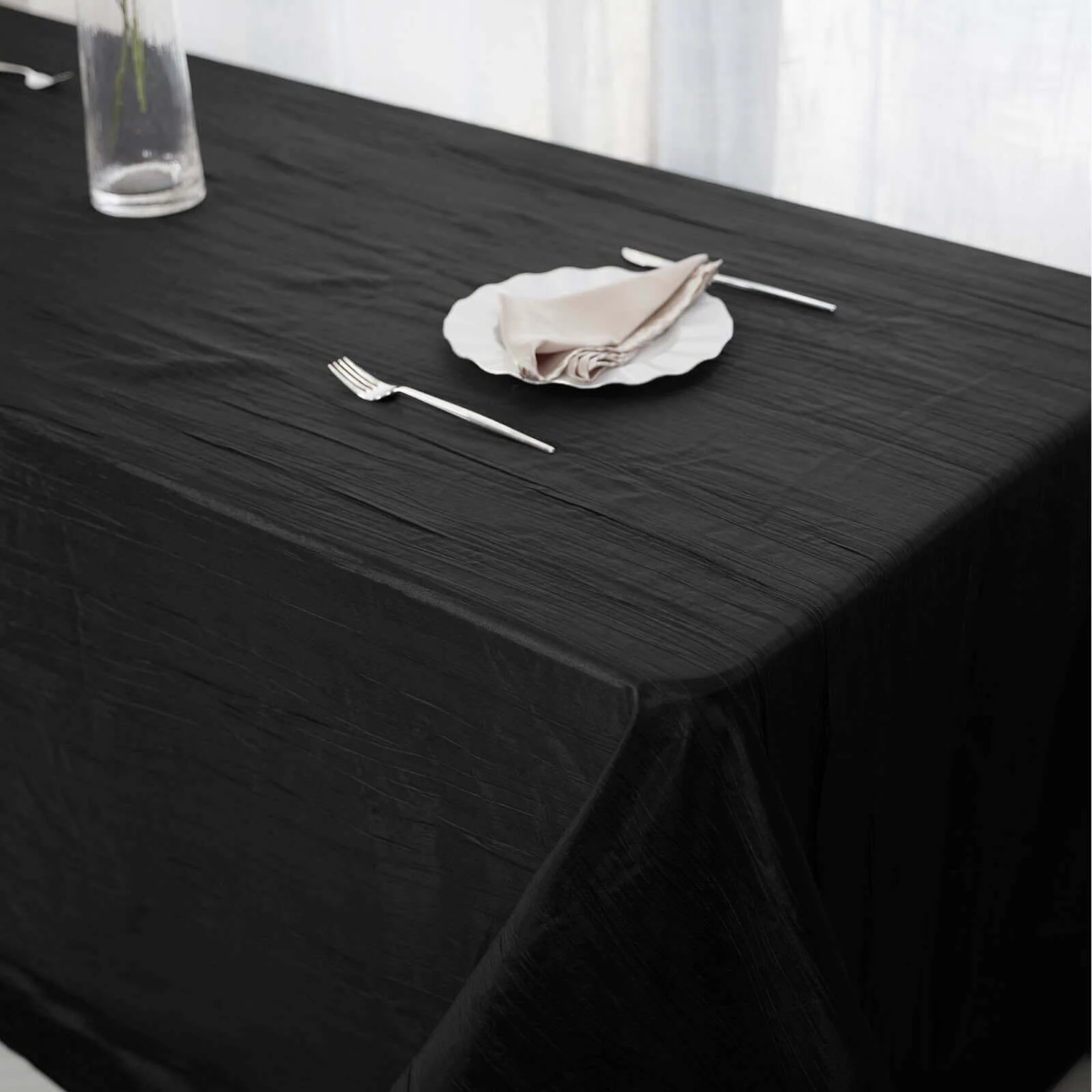Taffeta Rectangle Tablecloth 90"x156" Black with Accordion Crinkle Design - Seamless Finish - Image 7