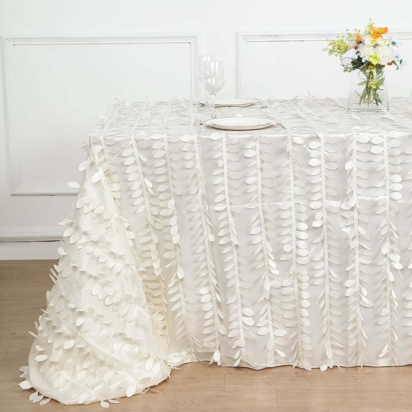 Taffeta Rectangle Tablecloth 90"x156" Ivory - 3D Leaf Petal Seamless Table Cover - Image 2