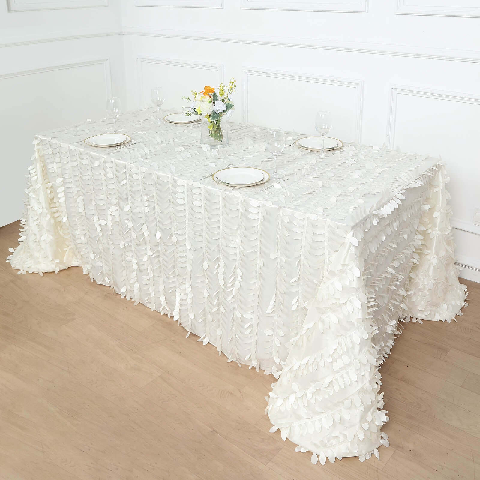 Taffeta Rectangle Tablecloth 90"x156" Ivory - 3D Leaf Petal Seamless Table Cover - Image 6