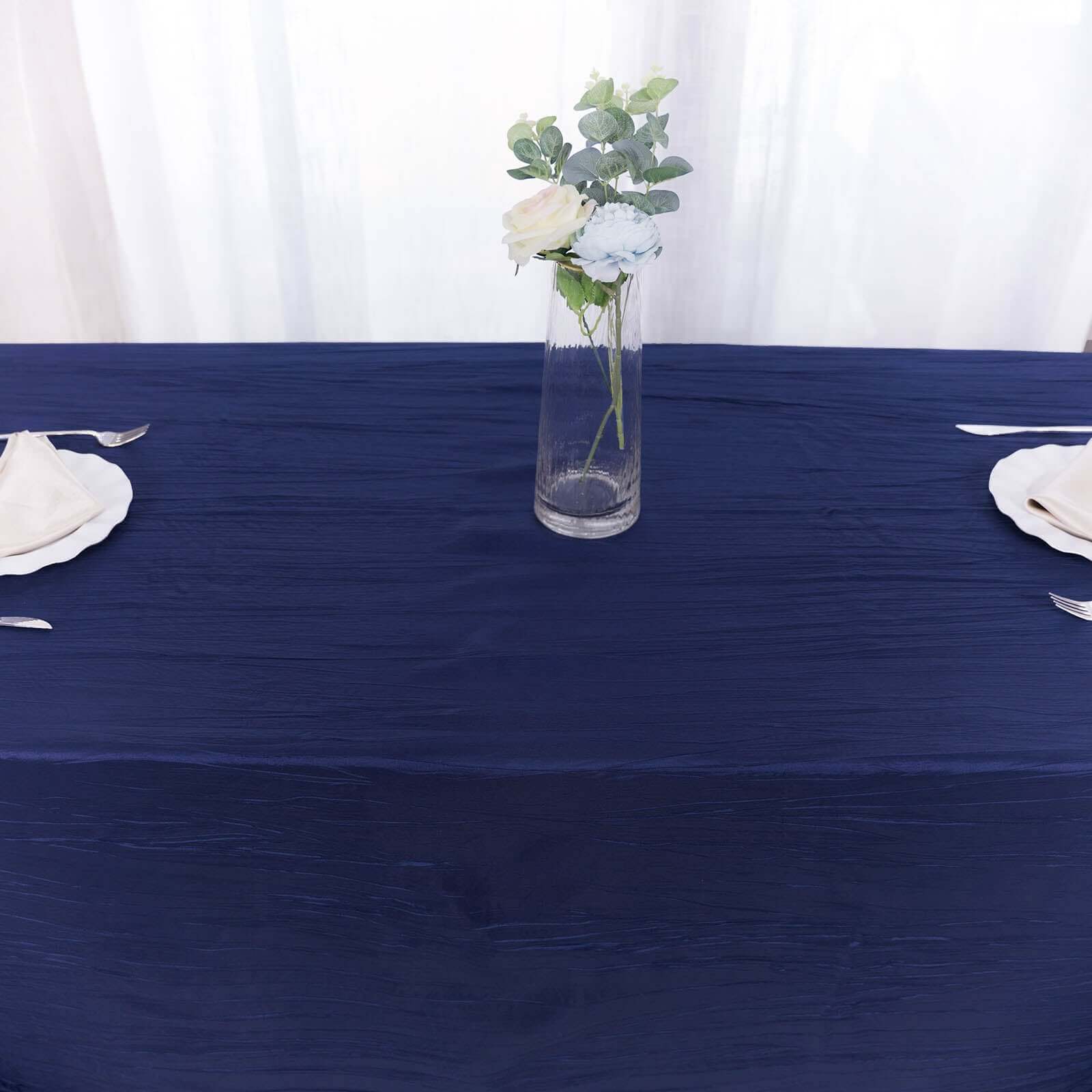 Taffeta Rectangle Tablecloth 90"x156" Navy Blue with Accordion Crinkle Design - Seamless Finish - Image 2