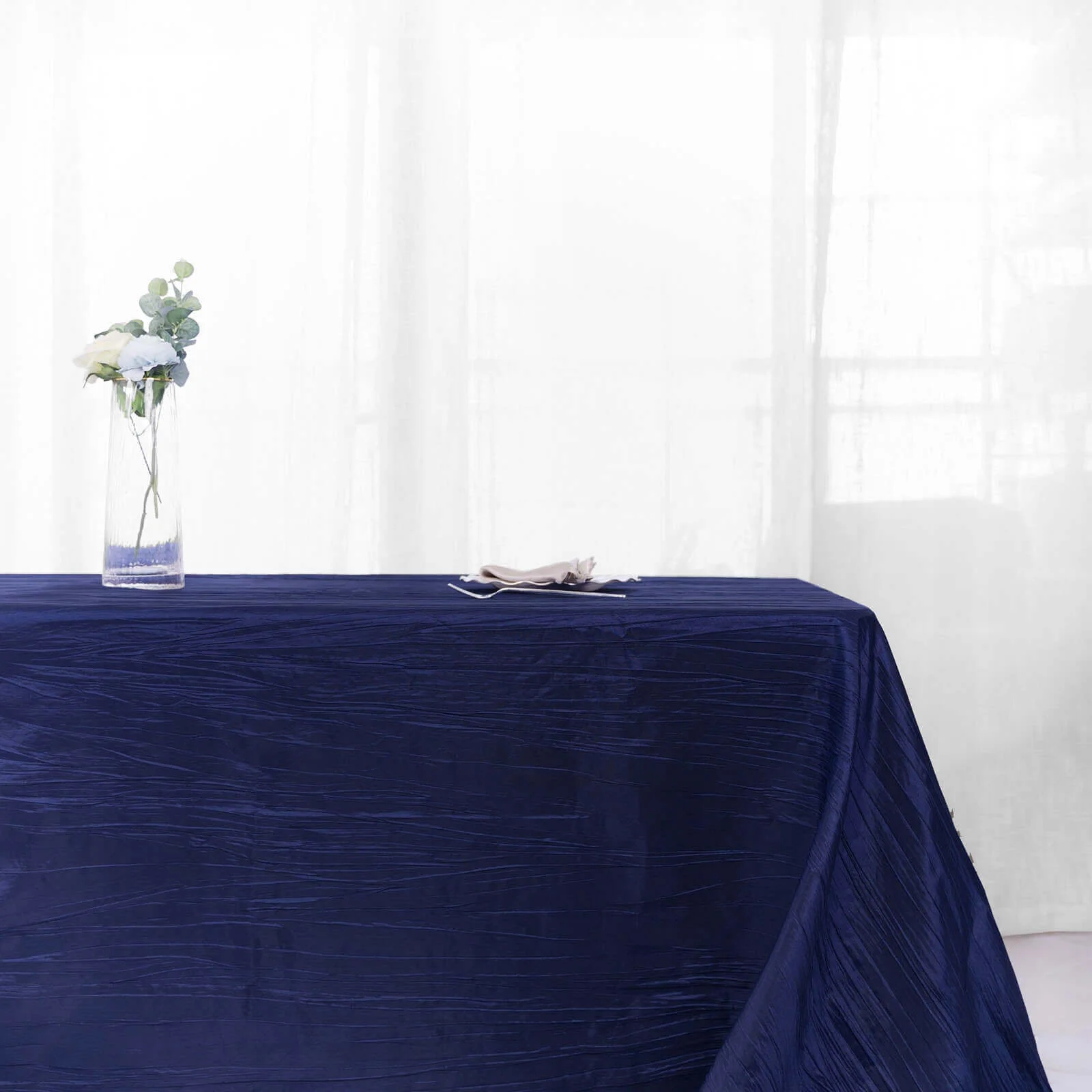 Taffeta Rectangle Tablecloth 90"x156" Navy Blue with Accordion Crinkle Design - Seamless Finish - Image 6