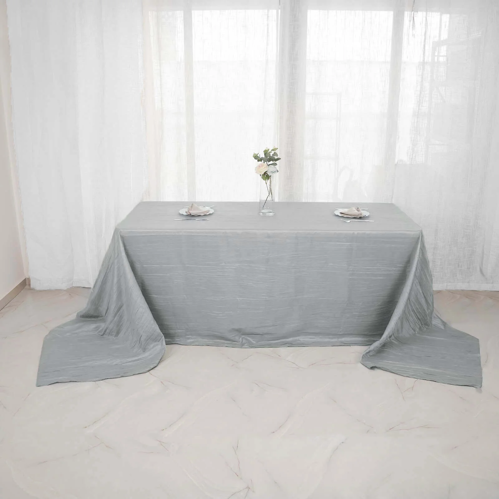 Taffeta Rectangle Tablecloth 90"x156" Silver with Accordion Crinkle Design - Seamless Finish - Image 10