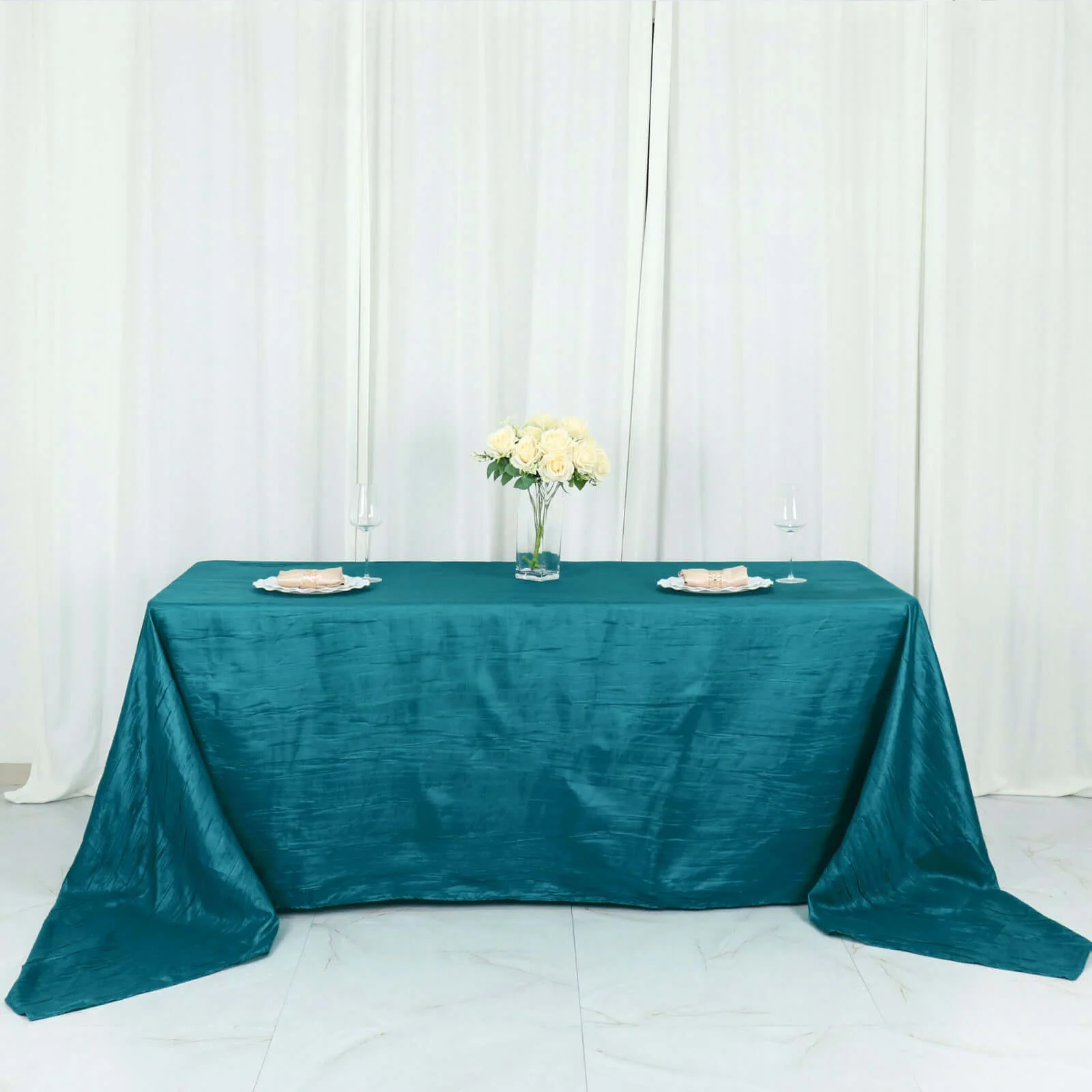 Taffeta Rectangle Tablecloth 90"x156" Teal with Accordion Crinkle Design - Seamless Finish - Image 7