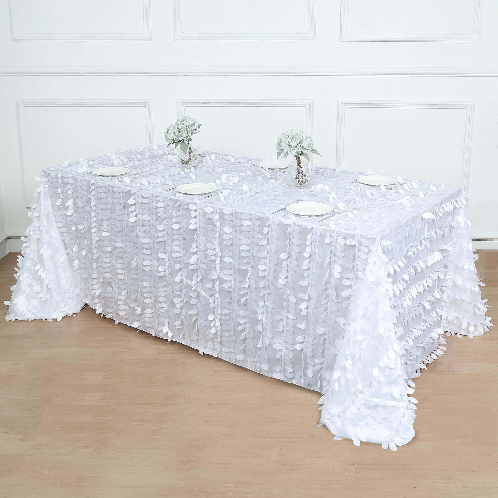 Taffeta Rectangle Tablecloth 90"x156" White - 3D Leaf Petal Seamless Table Cover for Upscale Table Settings - Image 3