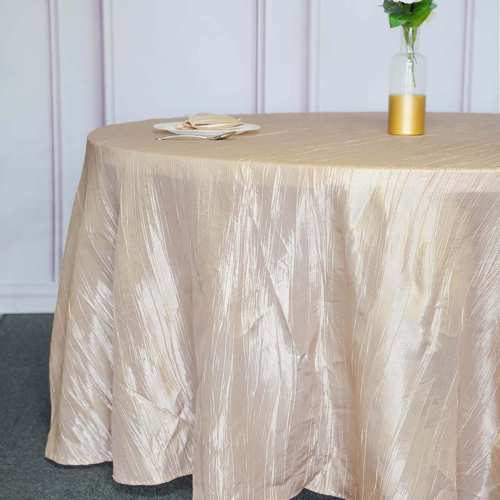 Taffeta Round Tablecloth 120" Beige with Accordion Crinkle Design - Seamless Finish - Image 2