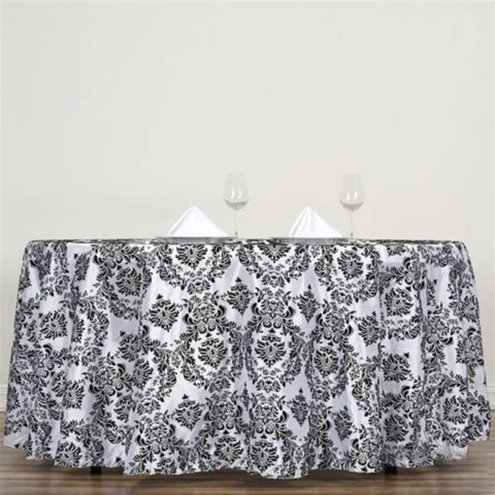 Taffeta Round Tablecloth 120" Black with Velvet Flocking Damask Design - Seamless Finish for Formal Occasions - Image 2