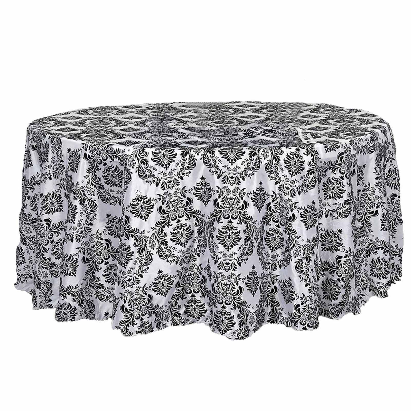 Taffeta Round Tablecloth 120" Black with Velvet Flocking Damask Design - Seamless Finish for Formal Occasions - Image 4