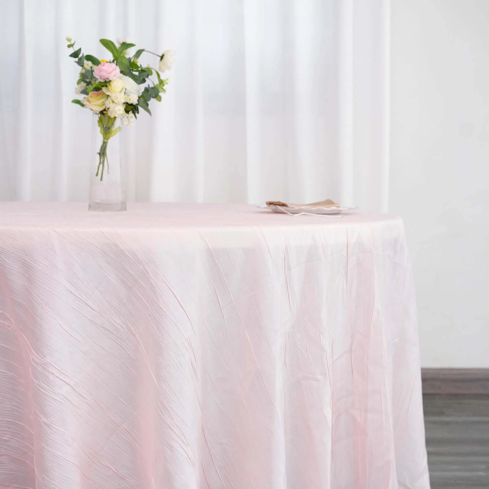 Taffeta Round Tablecloth 120" Blush with Accordion Crinkle Design - Seamless Finish - Image 2