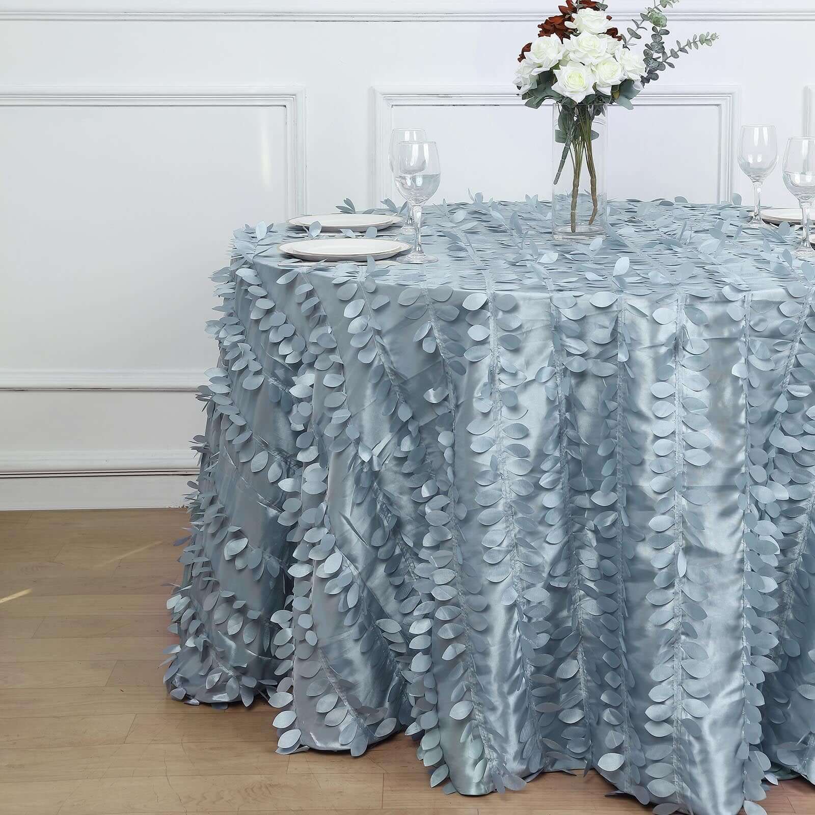 Taffeta Round Tablecloth 120" Dusty Blue - 3D Leaf Petal Seamless Table Cover - Image 2