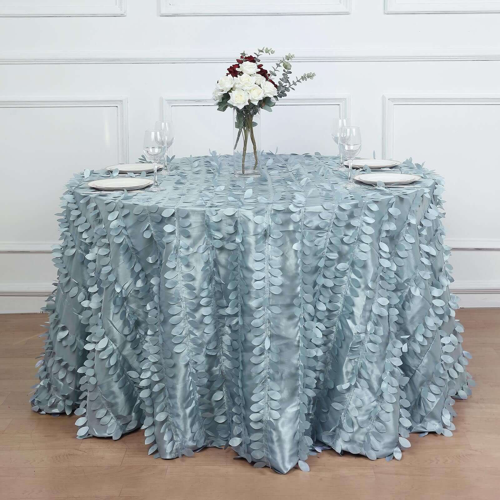 Taffeta Round Tablecloth 120" Dusty Blue - 3D Leaf Petal Seamless Table Cover - Image 6