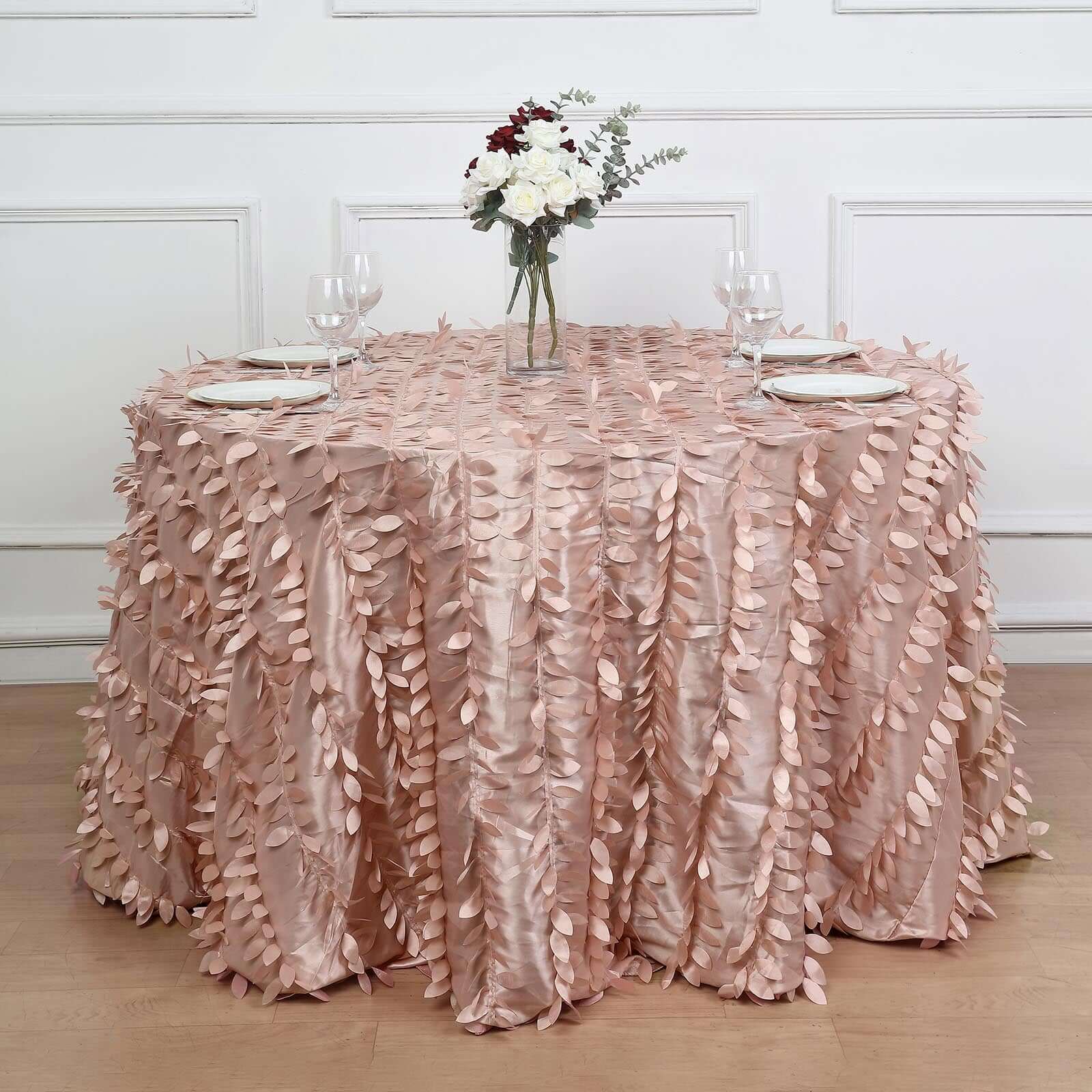Taffeta Round Tablecloth 120" Dusty Rose - 3D Leaf Petal Seamless Table Cover - Image 6