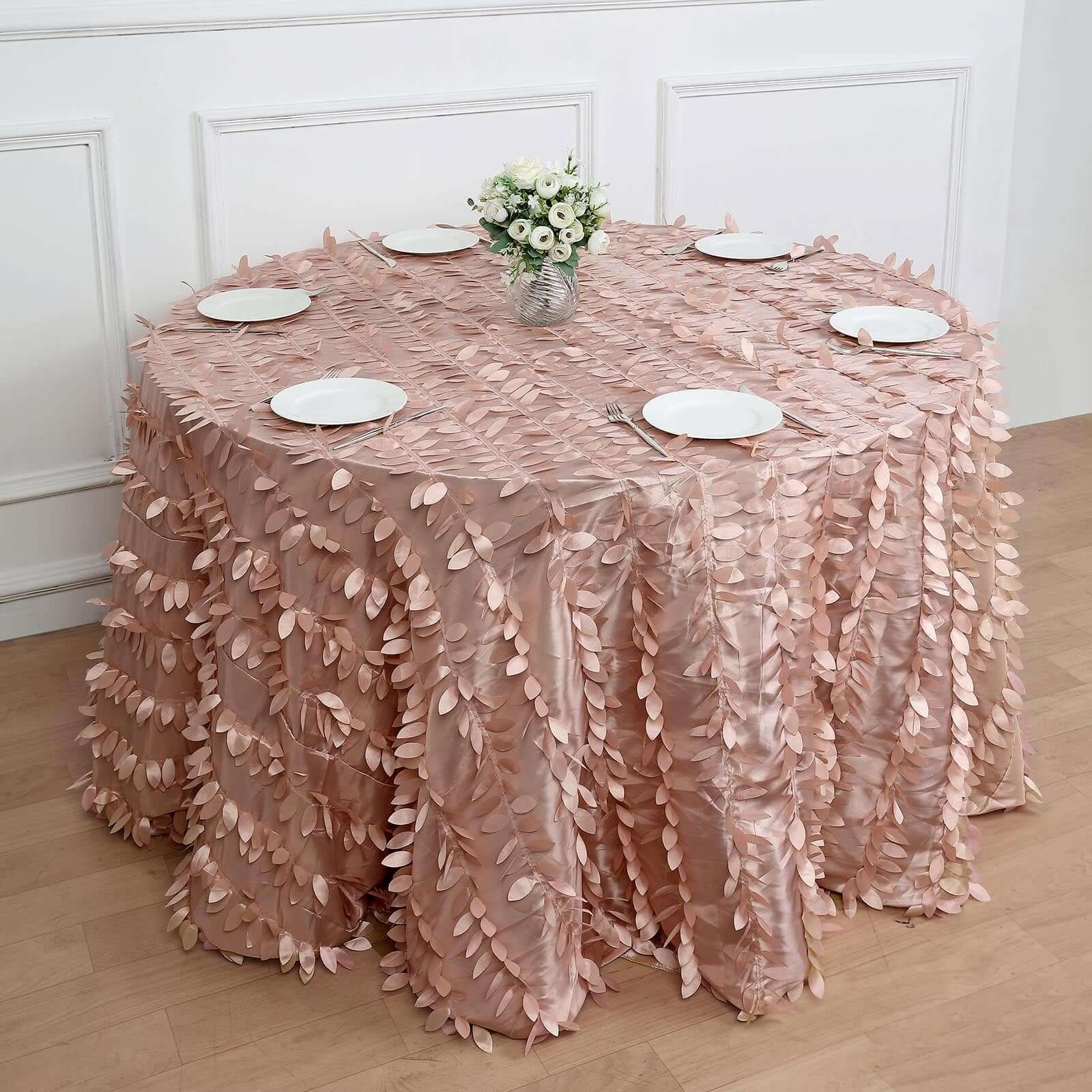 Taffeta Round Tablecloth 120" Dusty Rose - 3D Leaf Petal Seamless Table Cover - Image 8