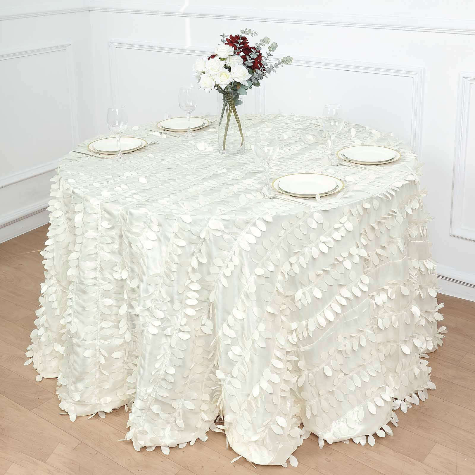 Taffeta Round Tablecloth 120" Ivory - 3D Leaf Petal Seamless Table Cover - Image 5