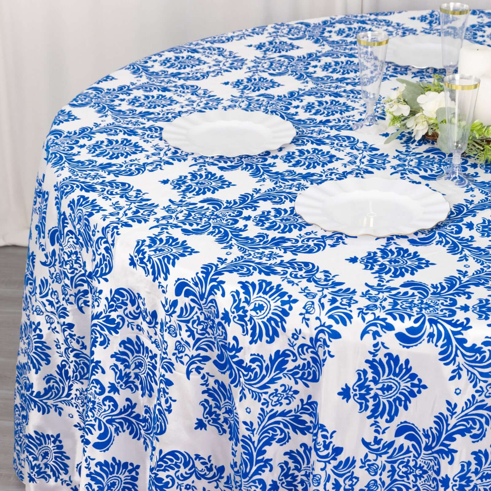 Taffeta Round Tablecloth 120" Royal Blue with Velvet Flocking Damask Design - Seamless Finish Table Cover - Image 5