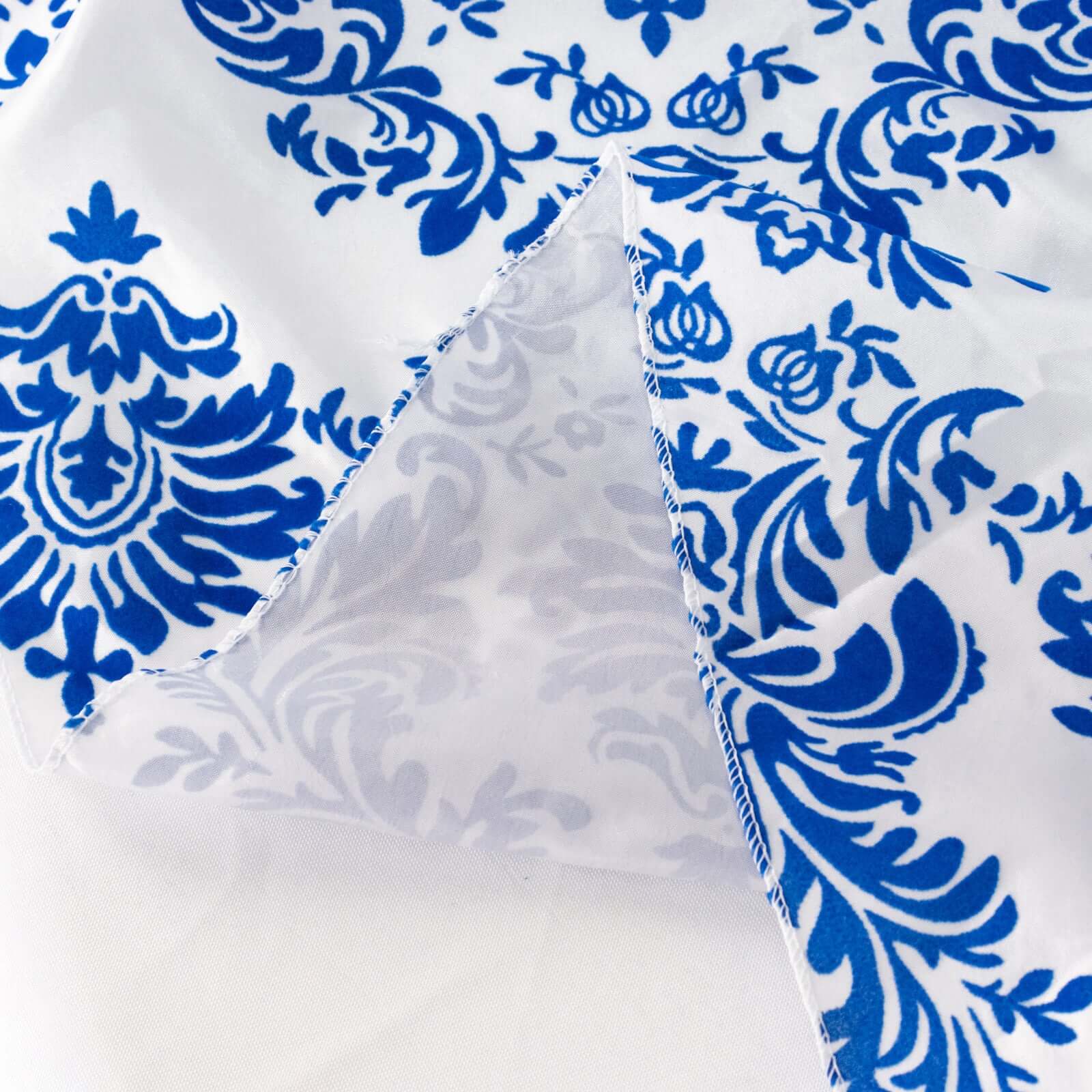 Taffeta Round Tablecloth 120" Royal Blue with Velvet Flocking Damask Design - Seamless Finish Table Cover - Image 6