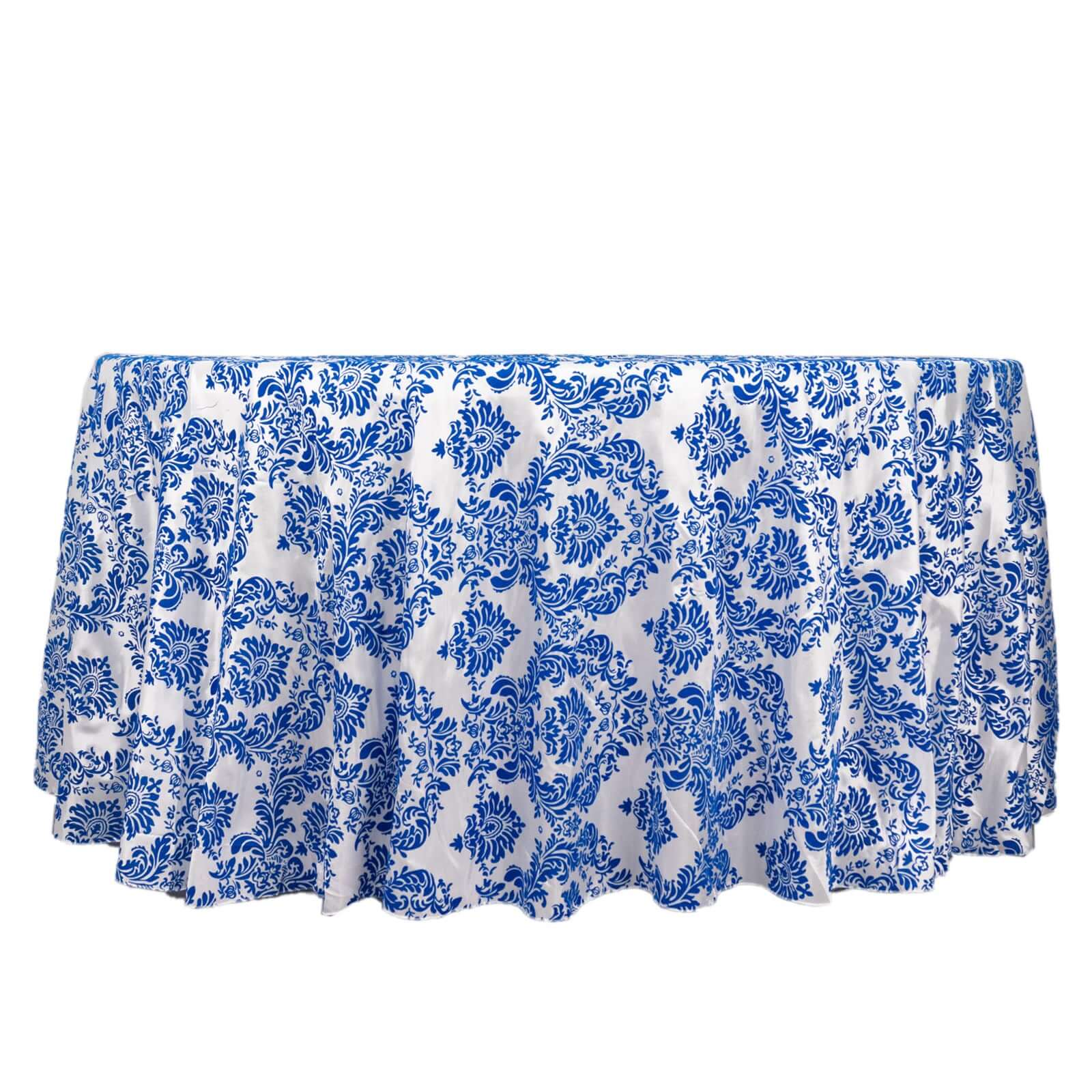 Taffeta Round Tablecloth 120" Royal Blue with Velvet Flocking Damask Design - Seamless Finish Table Cover - Image 7