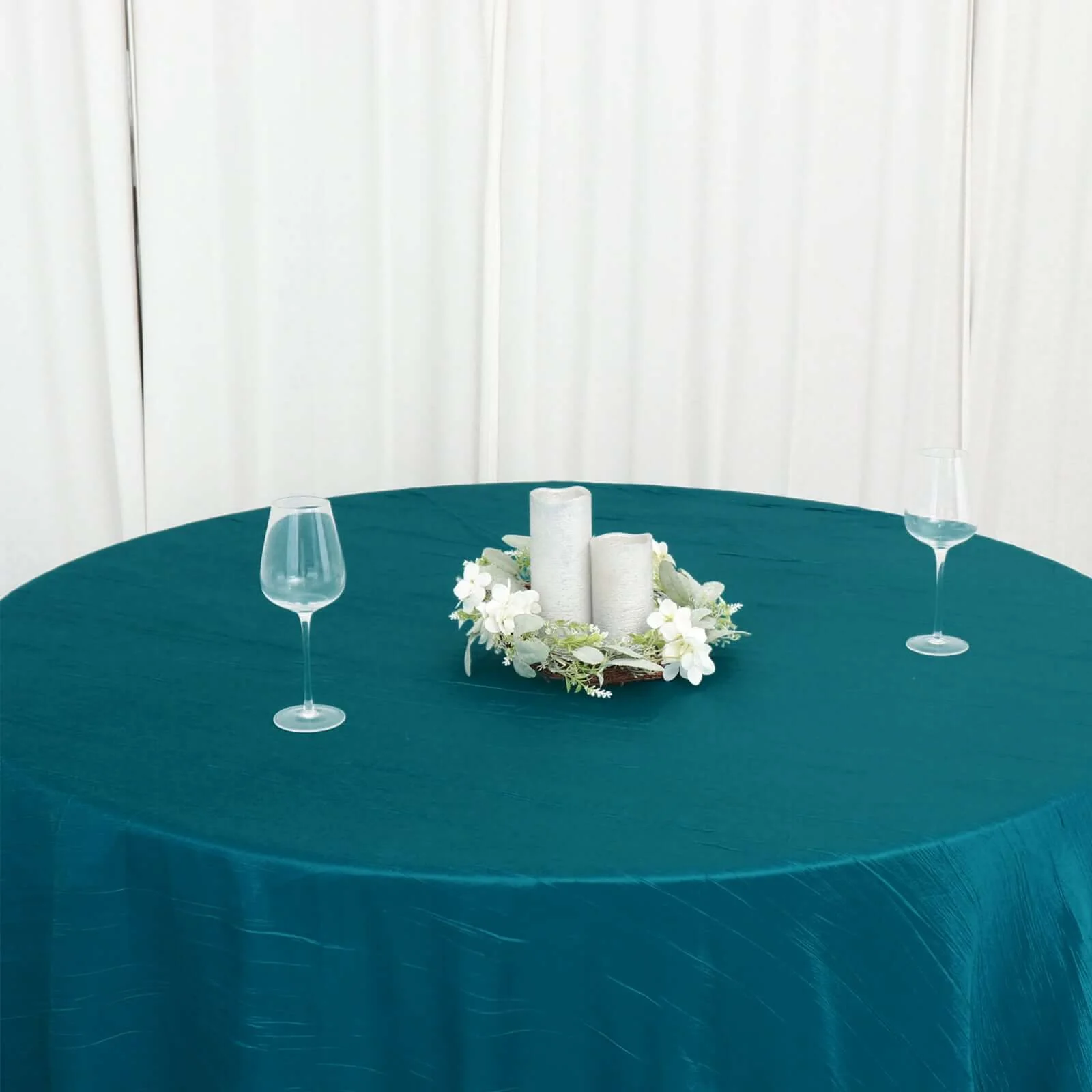 Taffeta Round Tablecloth 120" Teal with Accordion Crinkle Design - Seamless Finish - Image 5