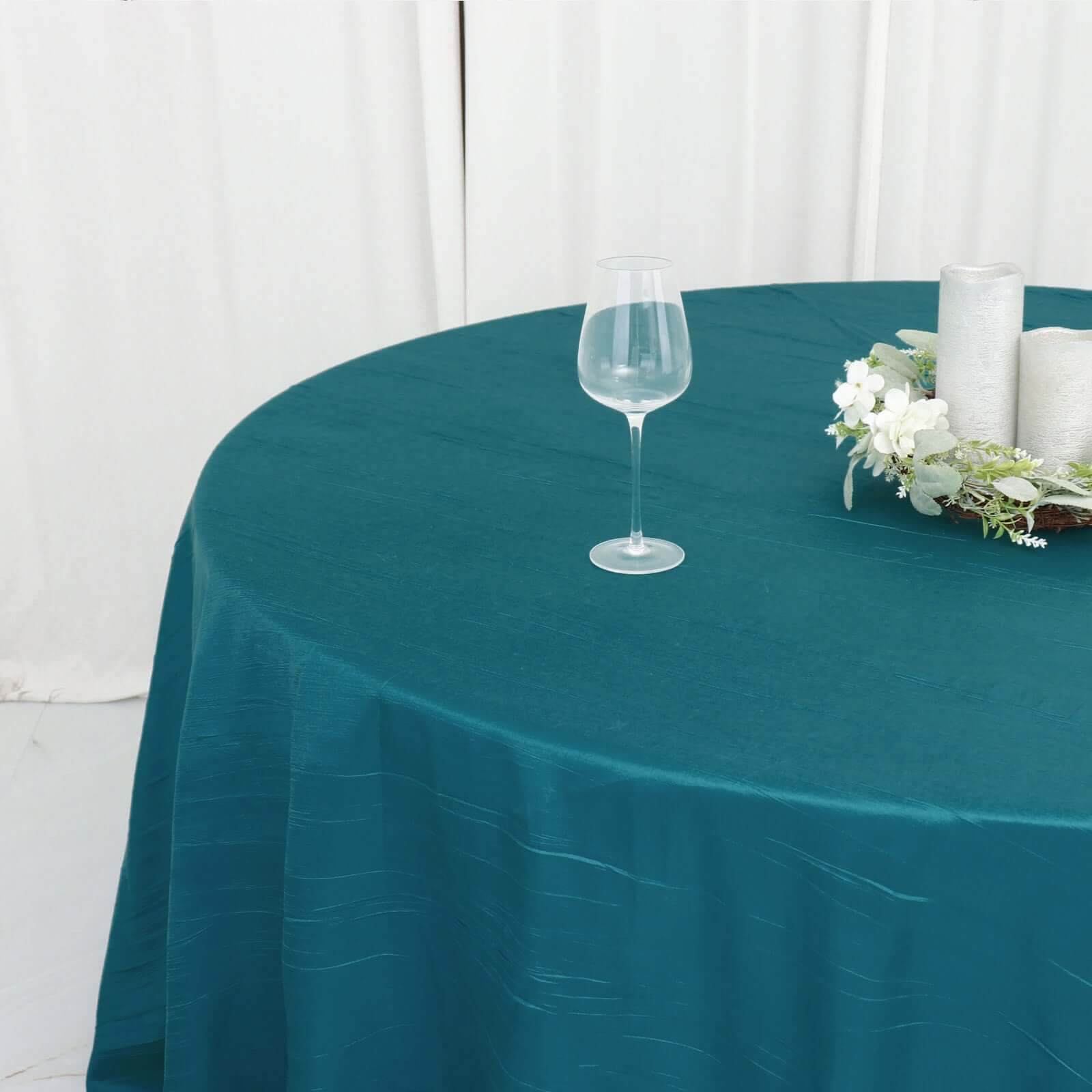 Taffeta Round Tablecloth 120" Teal with Accordion Crinkle Design - Seamless Finish - Image 7