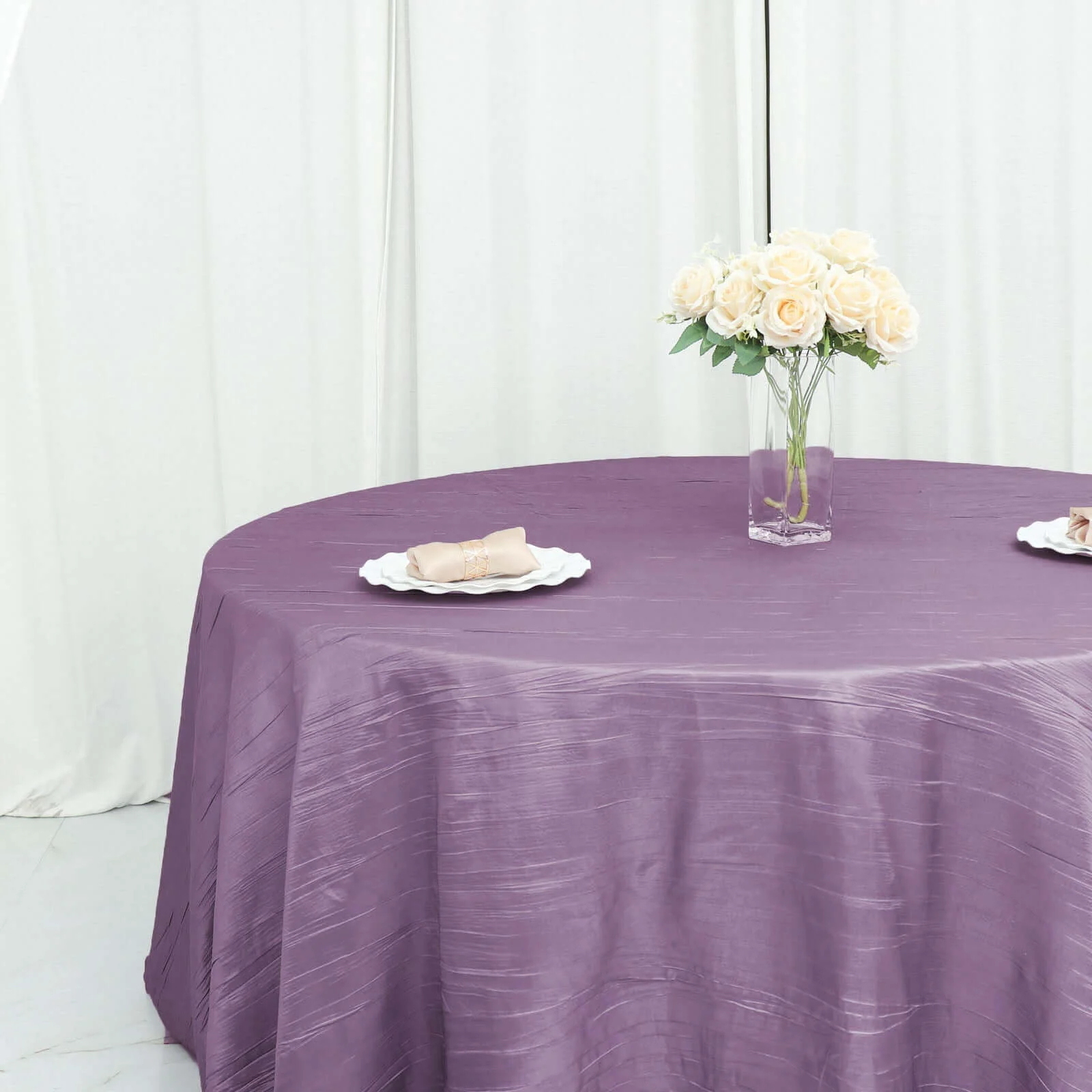 Taffeta Round Tablecloth 120" Violet Amethyst with Accordion Crinkle Design - Seamless Finish - Image 2
