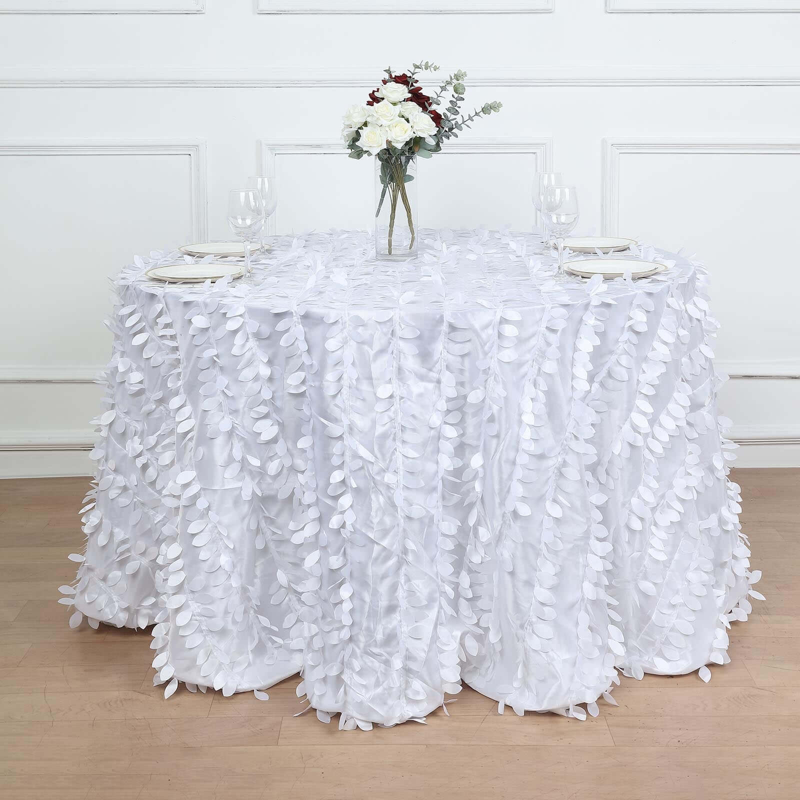 Taffeta Round Tablecloth 120" White - 3D Leaf Petal Design Seamless Table Cover for Upscale Gatherings - Image 6