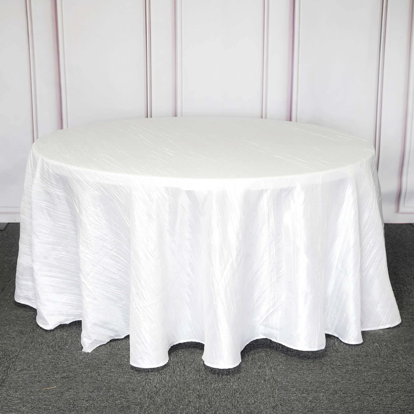 Taffeta Round Tablecloth 120" White with Accordion Crinkle Design - Seamless Finish for Weddings and Banquets - Image 3