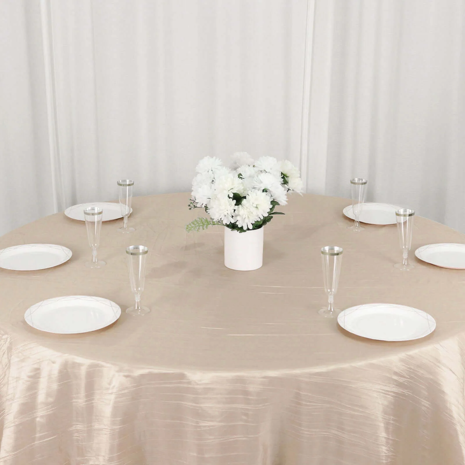 Taffeta Round Tablecloth 132" Beige Accordion Crinkle Table Cover - Image 2
