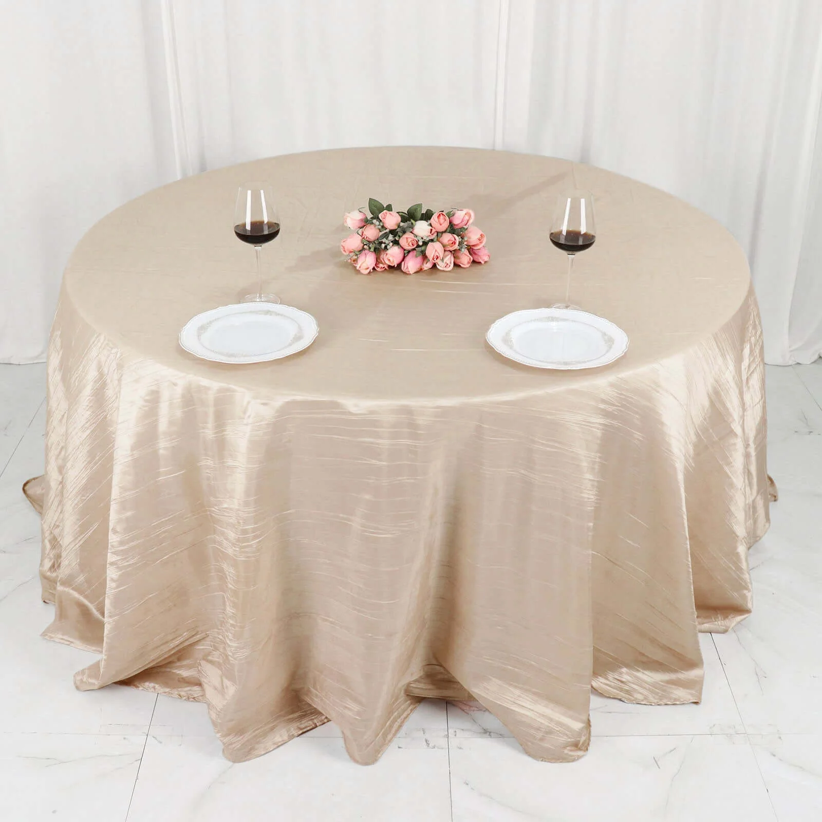 Taffeta Round Tablecloth 132" Beige Accordion Crinkle Table Cover - Image 3