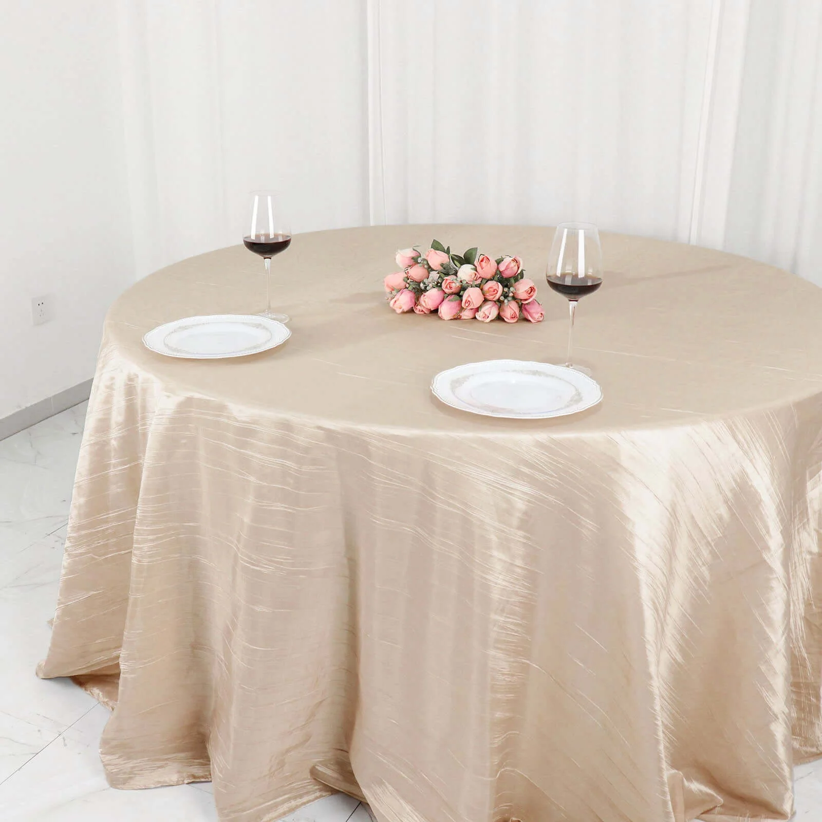 Taffeta Round Tablecloth 132" Beige Accordion Crinkle Table Cover - Image 7