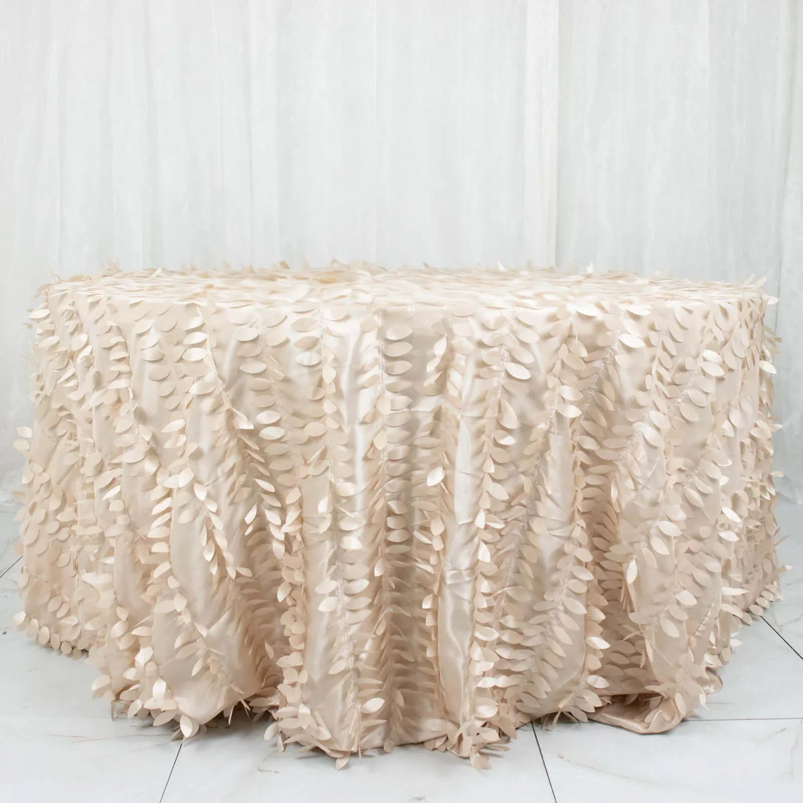 Taffeta Round Tablecloth 132" Beige - Hand-sewn Leaf Petal Seamless Table Cover