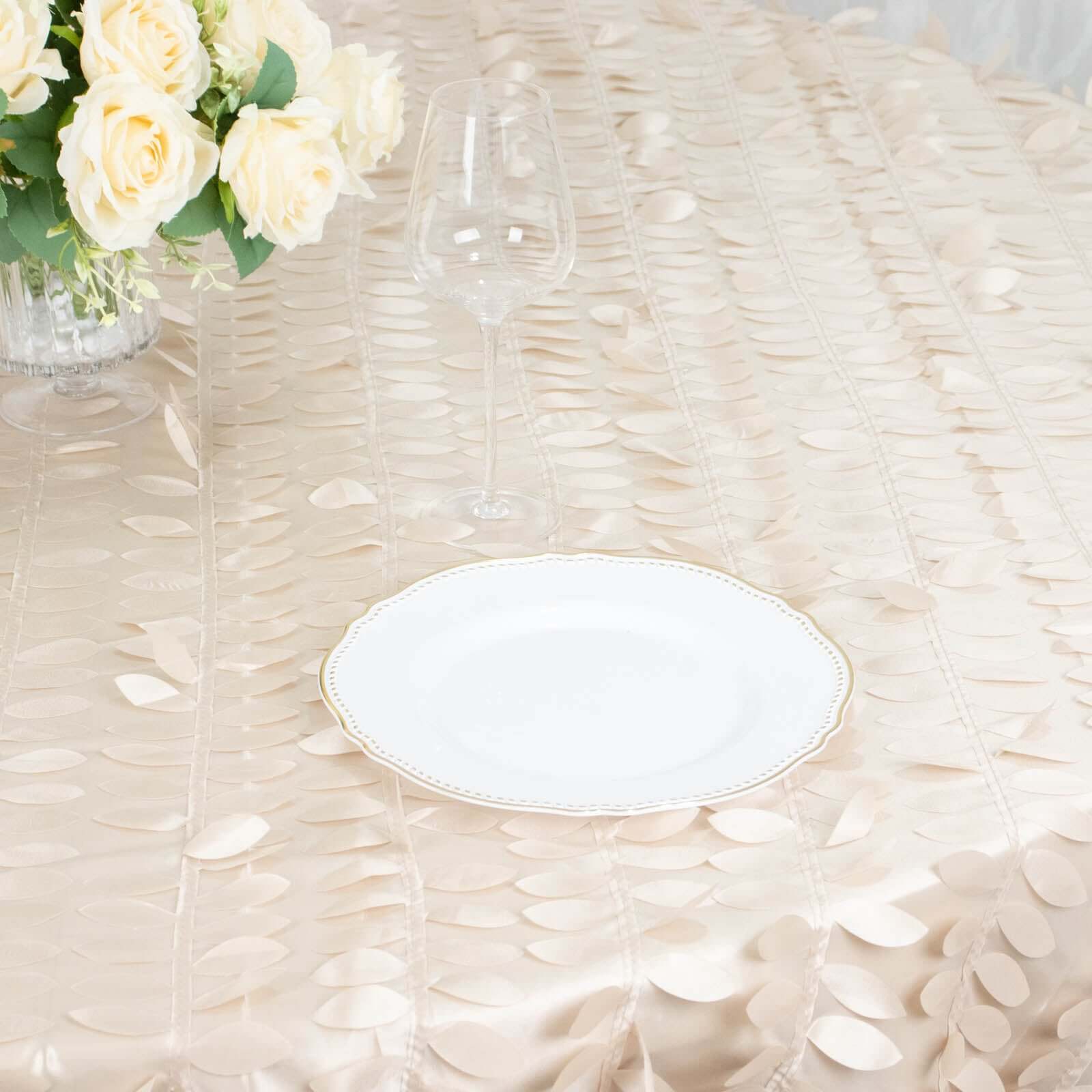 Taffeta Round Tablecloth 132" Beige - Hand-sewn Leaf Petal Seamless Table Cover - Image 10