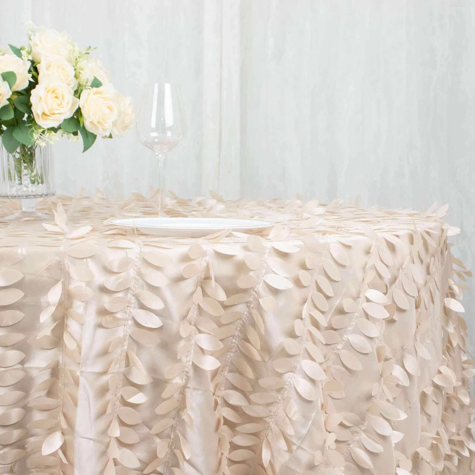 Taffeta Round Tablecloth 132" Beige - Hand-sewn Leaf Petal Seamless Table Cover - Image 2