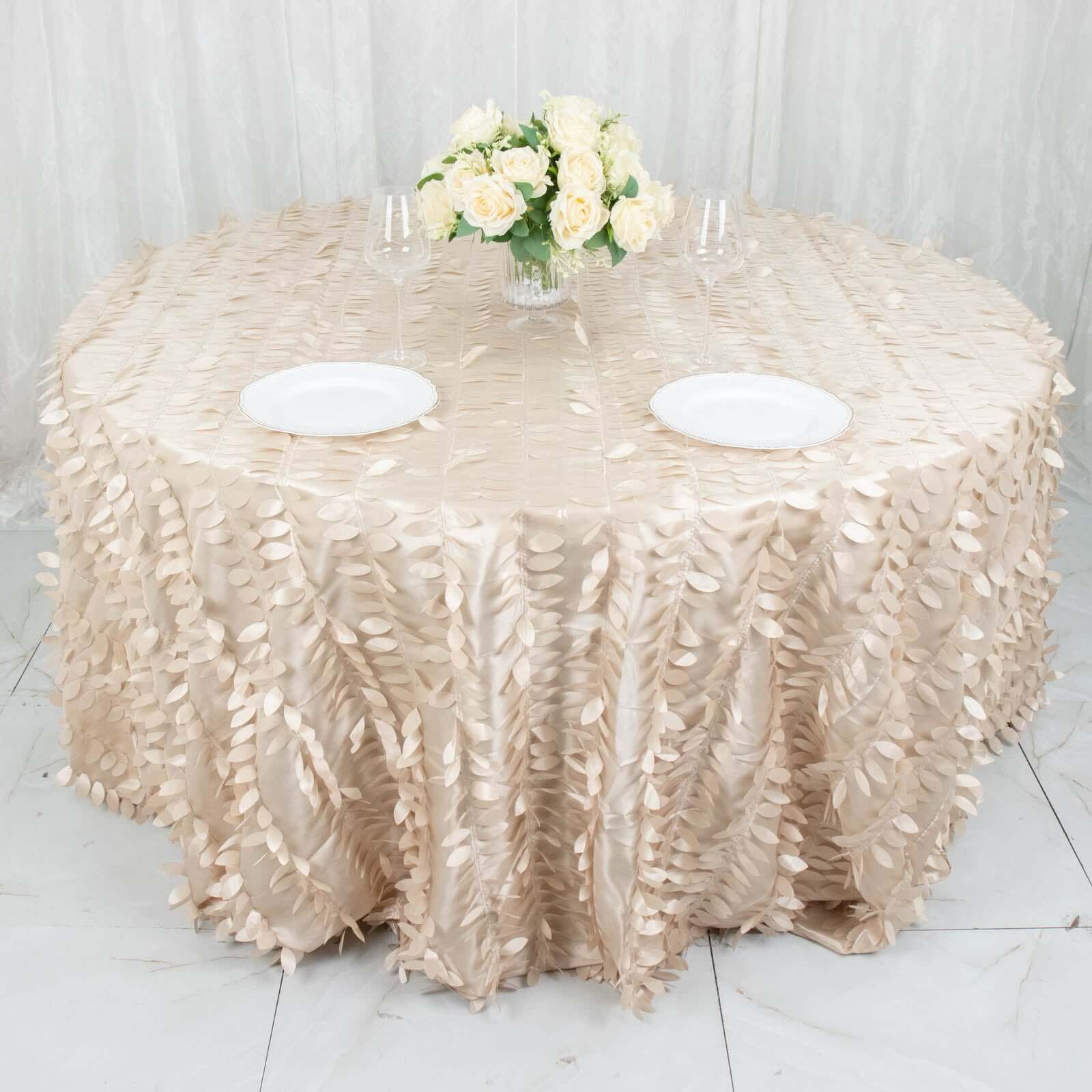 Taffeta Round Tablecloth 132" Beige - Hand-sewn Leaf Petal Seamless Table Cover - Image 3