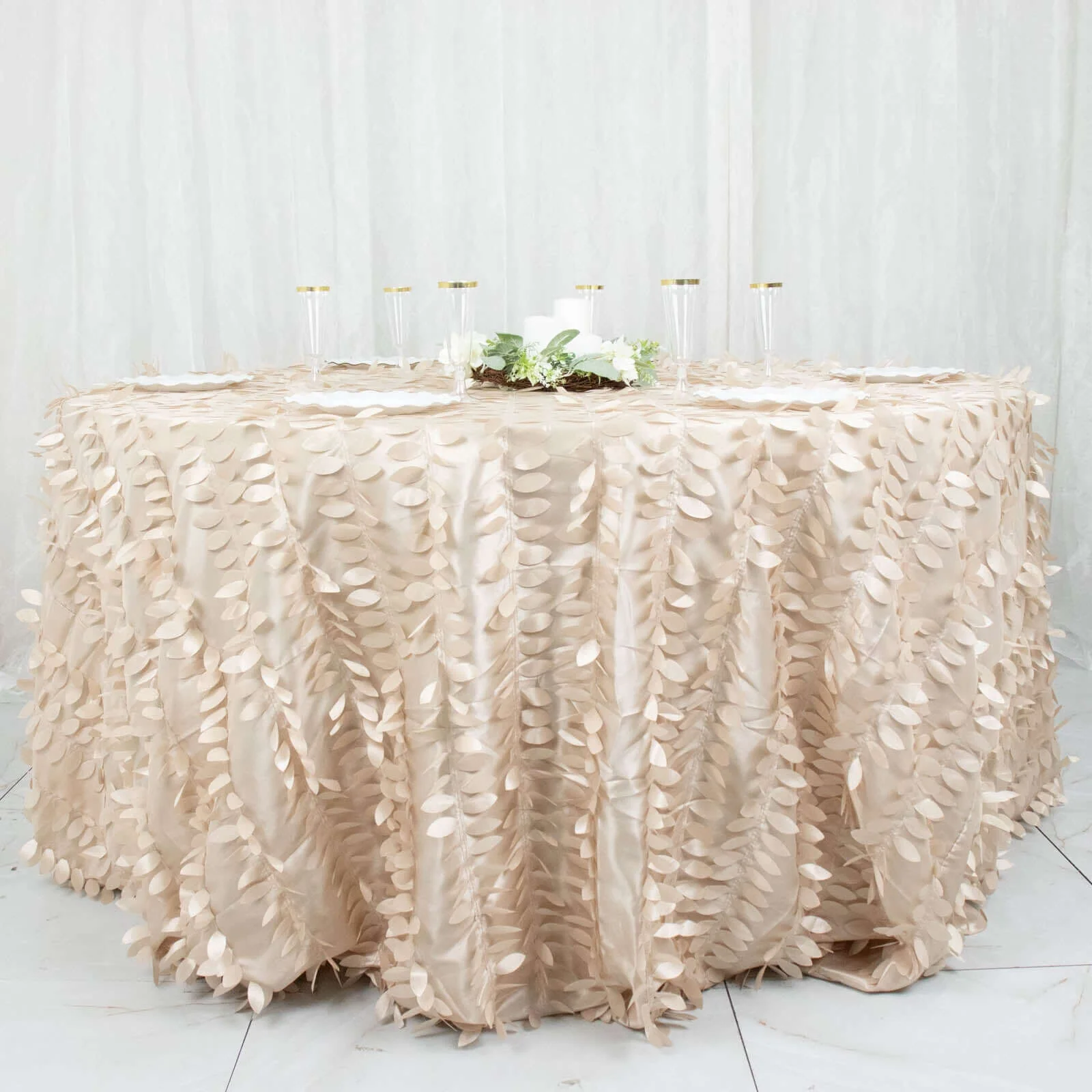 Taffeta Round Tablecloth 132" Beige - Hand-sewn Leaf Petal Seamless Table Cover - Image 6