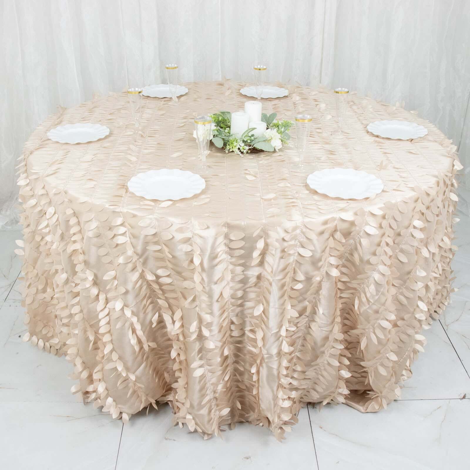Taffeta Round Tablecloth 132" Beige - Hand-sewn Leaf Petal Seamless Table Cover - Image 8
