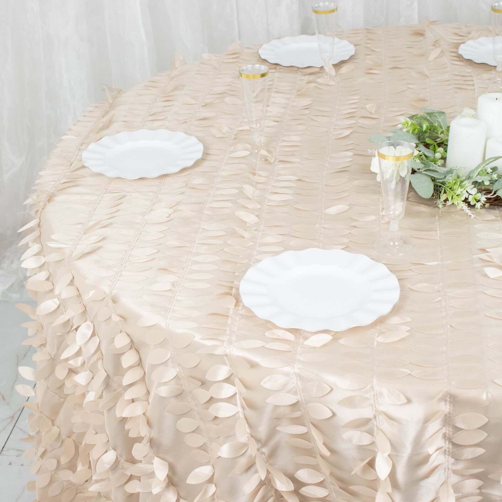 Taffeta Round Tablecloth 132" Beige - Hand-sewn Leaf Petal Seamless Table Cover - Image 9