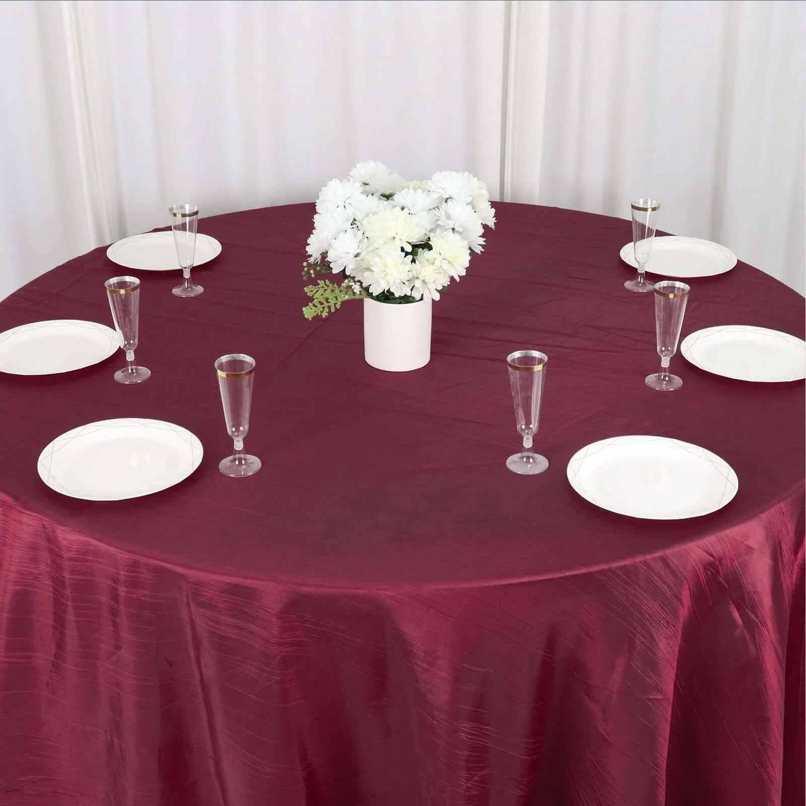 Taffeta Round Tablecloth 132" Burgundy Accordion Crinkle Table Cover - Image 2