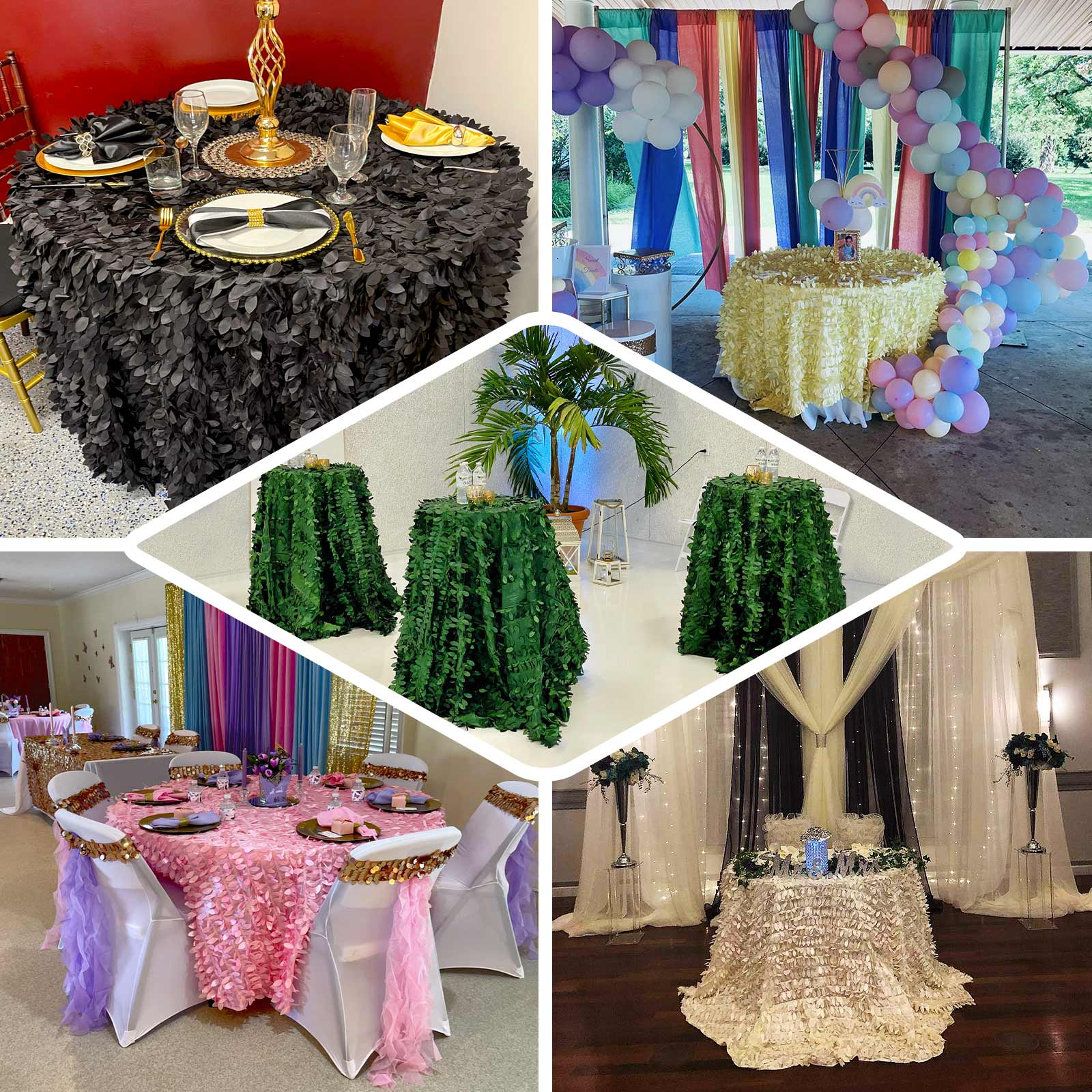 Taffeta Round Tablecloth 132" Champagne - Hand-sewn Leaf Petal Seamless Table Cover - Image 5