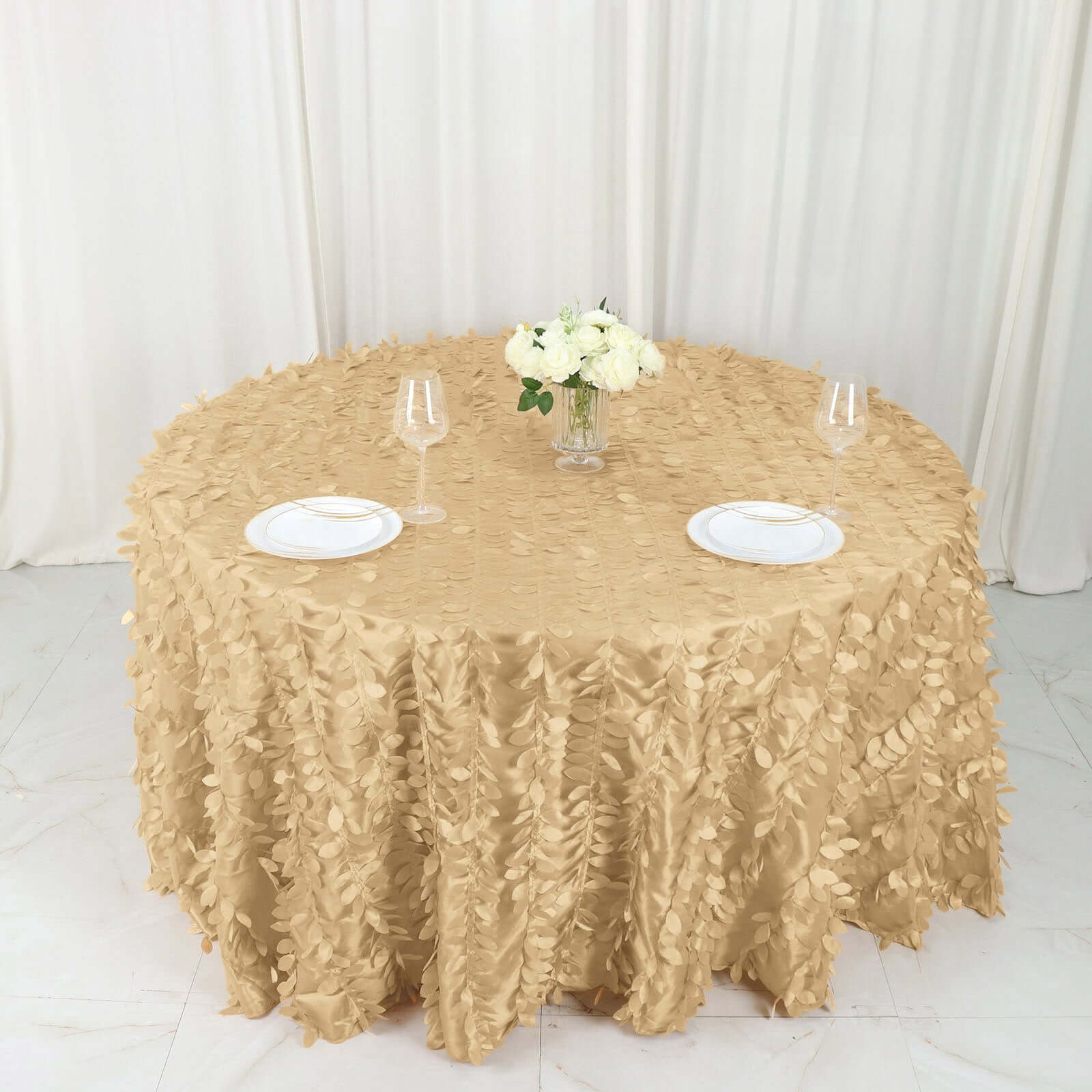 Taffeta Round Tablecloth 132" Champagne - Hand-sewn Leaf Petal Seamless Table Cover - Image 6
