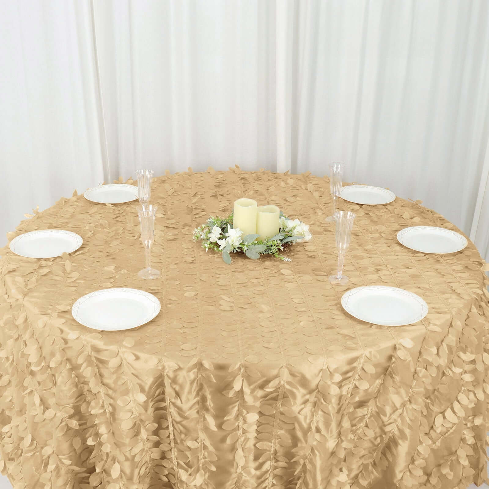 Taffeta Round Tablecloth 132" Champagne - Hand-sewn Leaf Petal Seamless Table Cover - Image 8