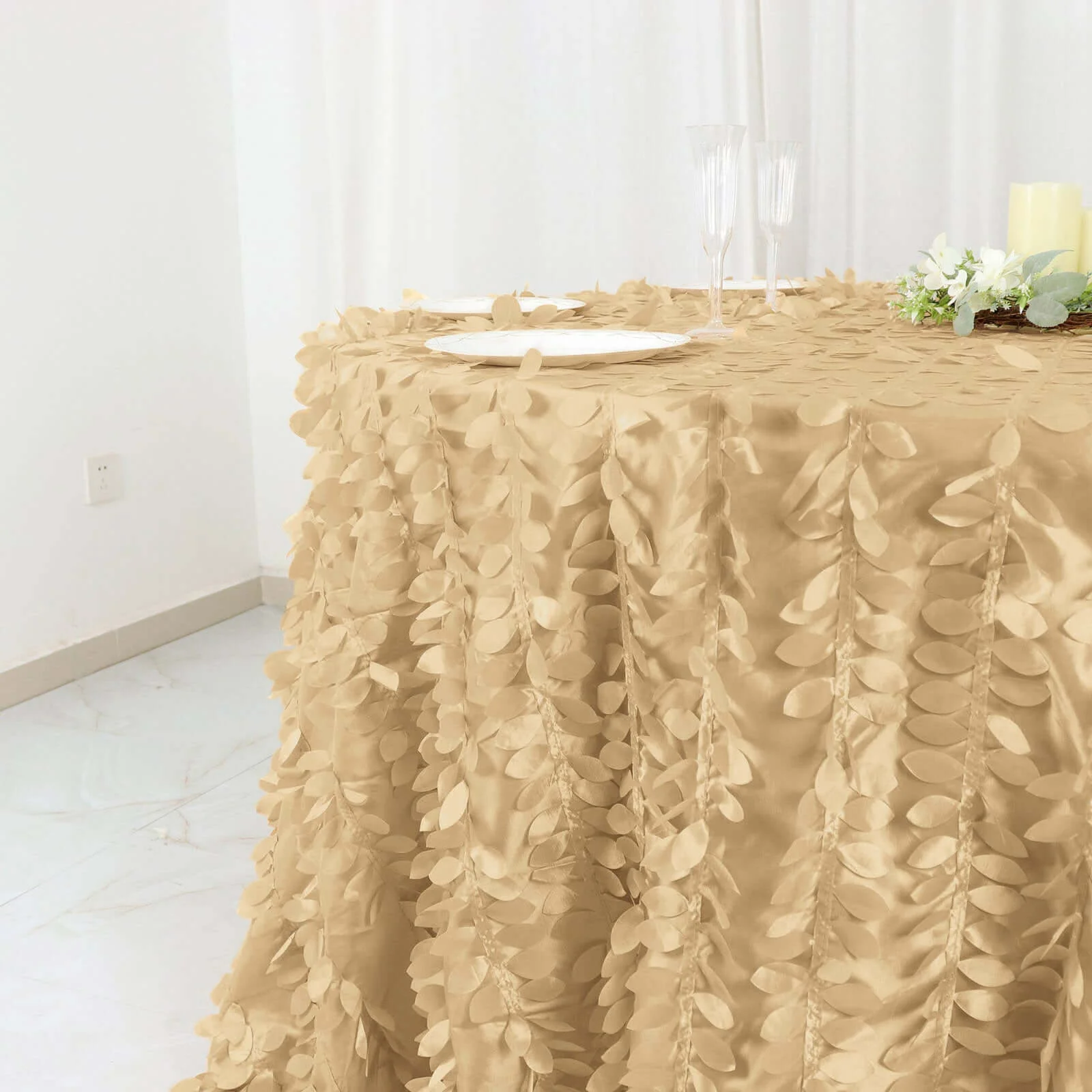 Taffeta Round Tablecloth 132" Champagne - Hand-sewn Leaf Petal Seamless Table Cover - Image 9
